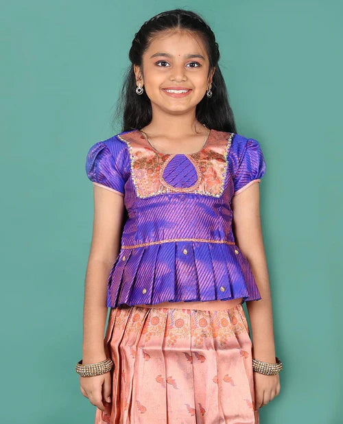 Peach art silk pavadai Readymade set, jacquard with contrast traditional zari border