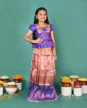 Peach art silk pavadai Readymade set, jacquard with contrast traditional zari border