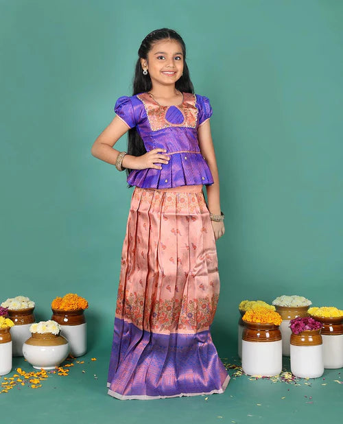 Peach art silk pavadai Readymade set, jacquard with contrast traditional zari border
