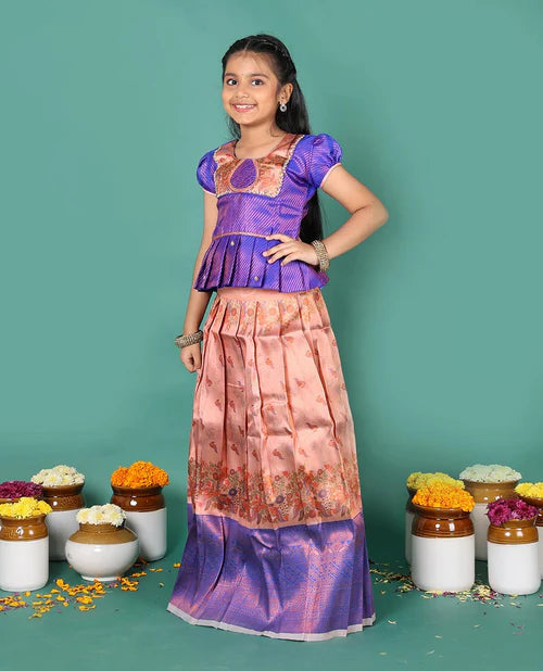 Peach art silk pavadai Readymade set, jacquard with contrast traditional zari border
