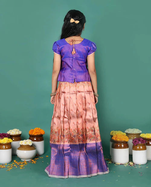Peach art silk pavadai Readymade set, jacquard with contrast traditional zari border