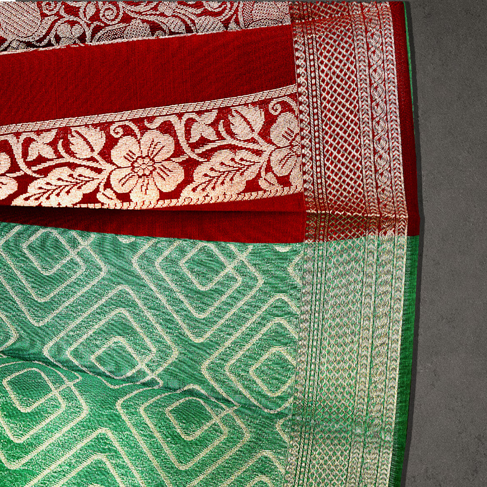 Green Silk Cotton Saree with Kotta Jari Self Design and Contrast Red Border