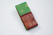 Green Art Silk Saree with Gold Stripes, Paisley Buttas and Rich Maroon Zari Border
