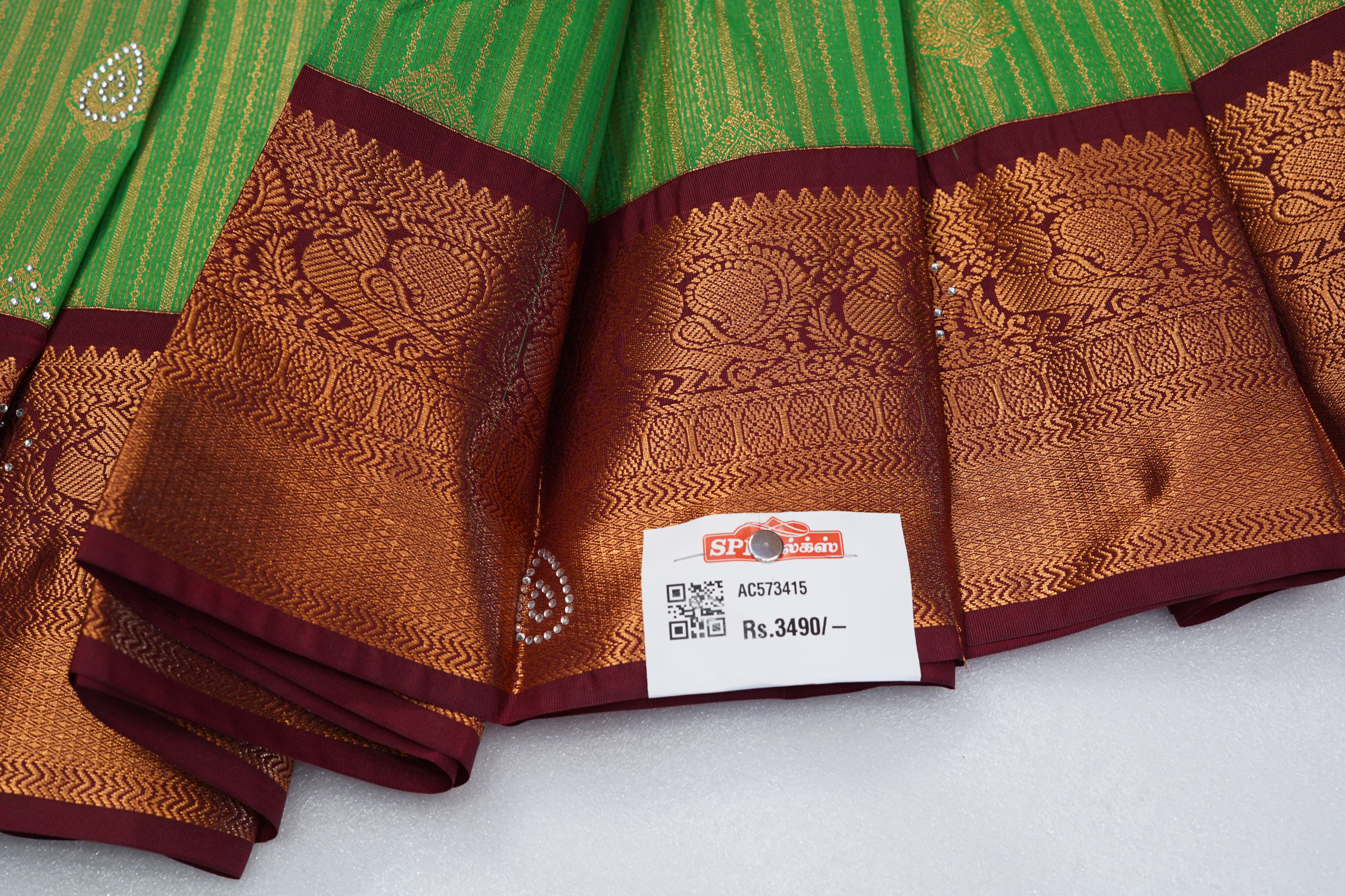 Green Art Silk Saree with Gold Stripes, Paisley Buttas and Rich Maroon Zari Border