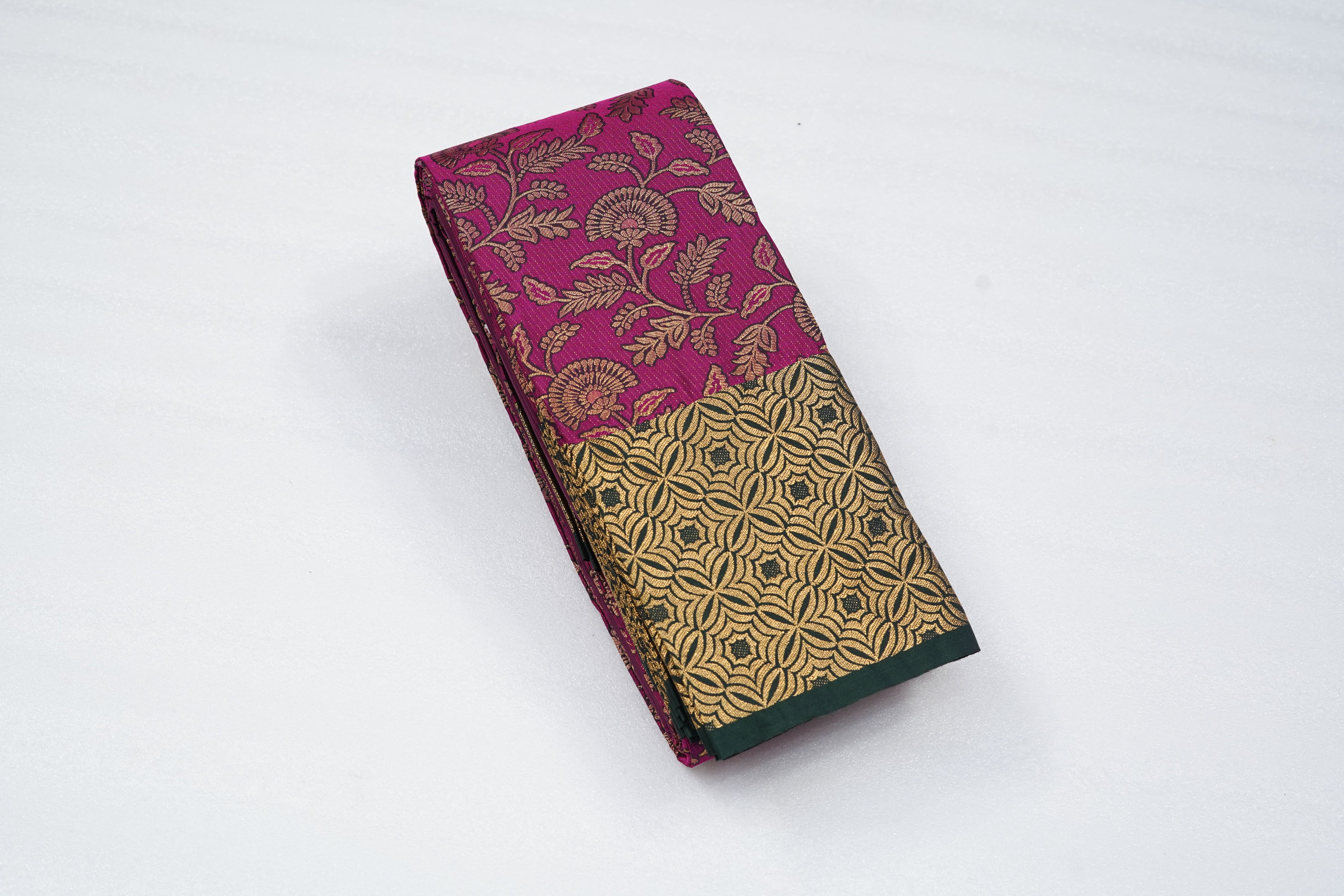 Magenta Art Silk Saree with Floral Jacquard Weave and Gold Geometric Zari Border