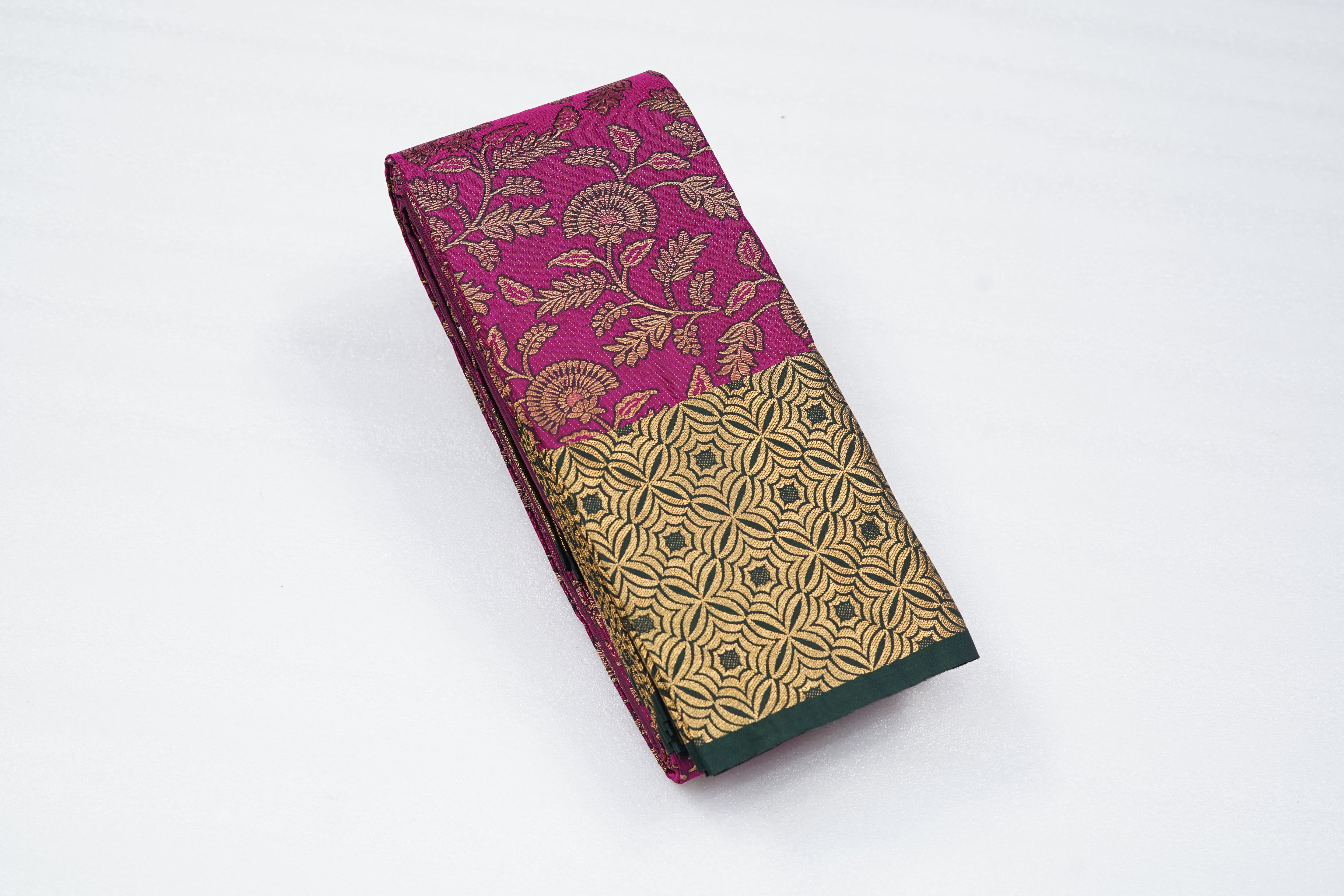 Magenta Art Silk Saree with Floral Jacquard Weave and Gold Geometric Zari Border