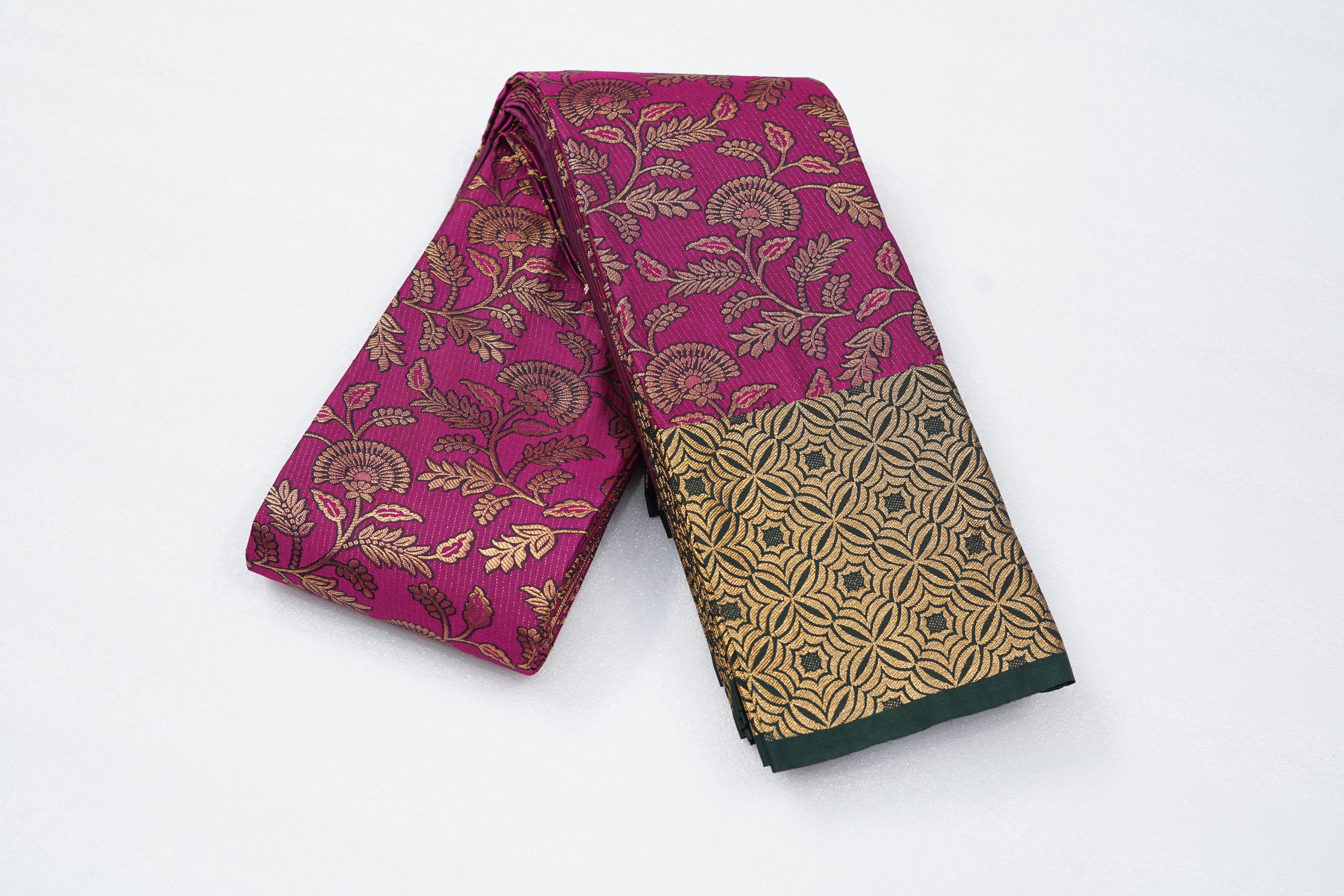 Magenta Art Silk Saree with Floral Jacquard Weave and Gold Geometric Zari Border