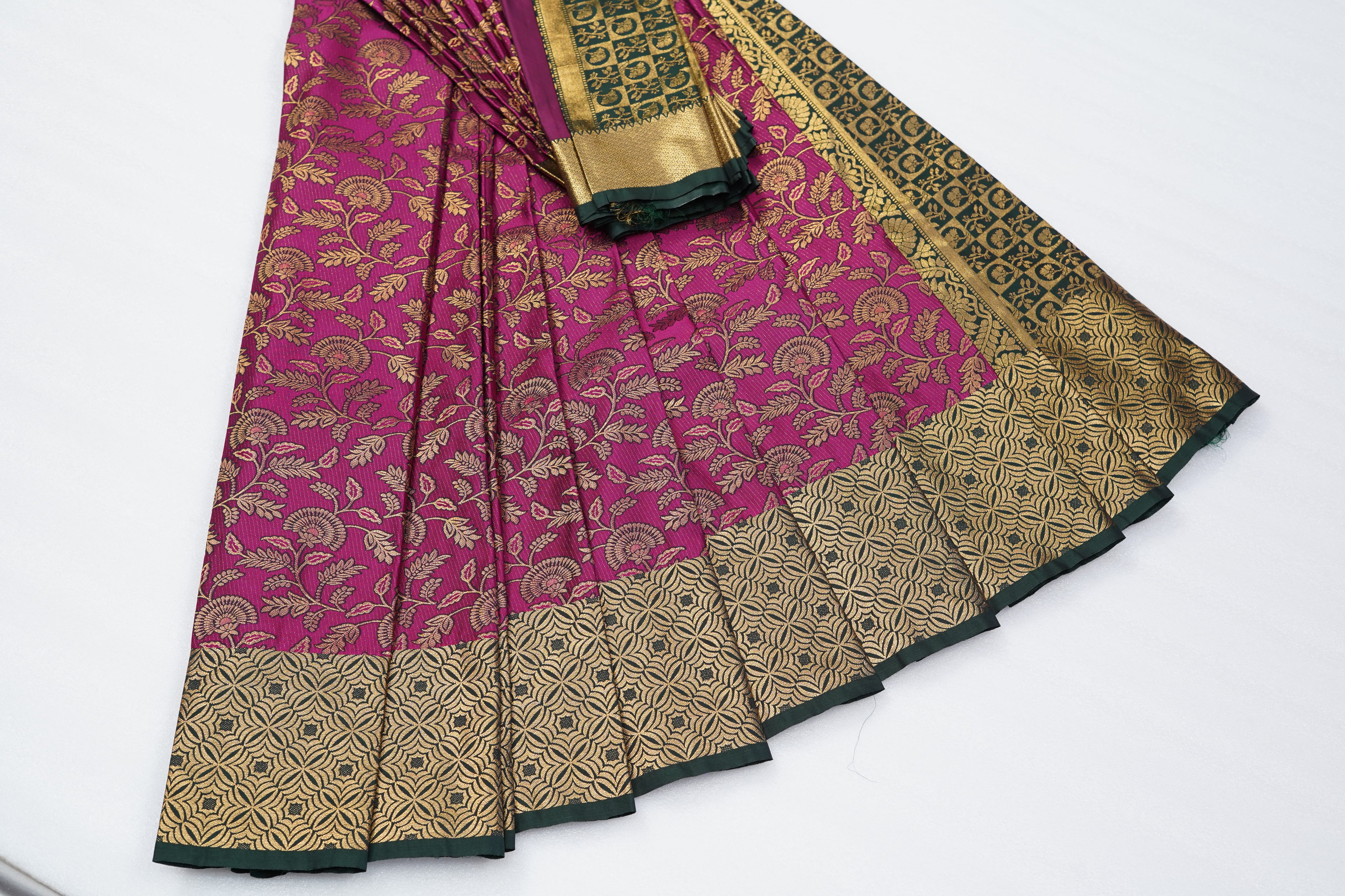 Magenta Art Silk Saree with Floral Jacquard Weave and Gold Geometric Zari Border
