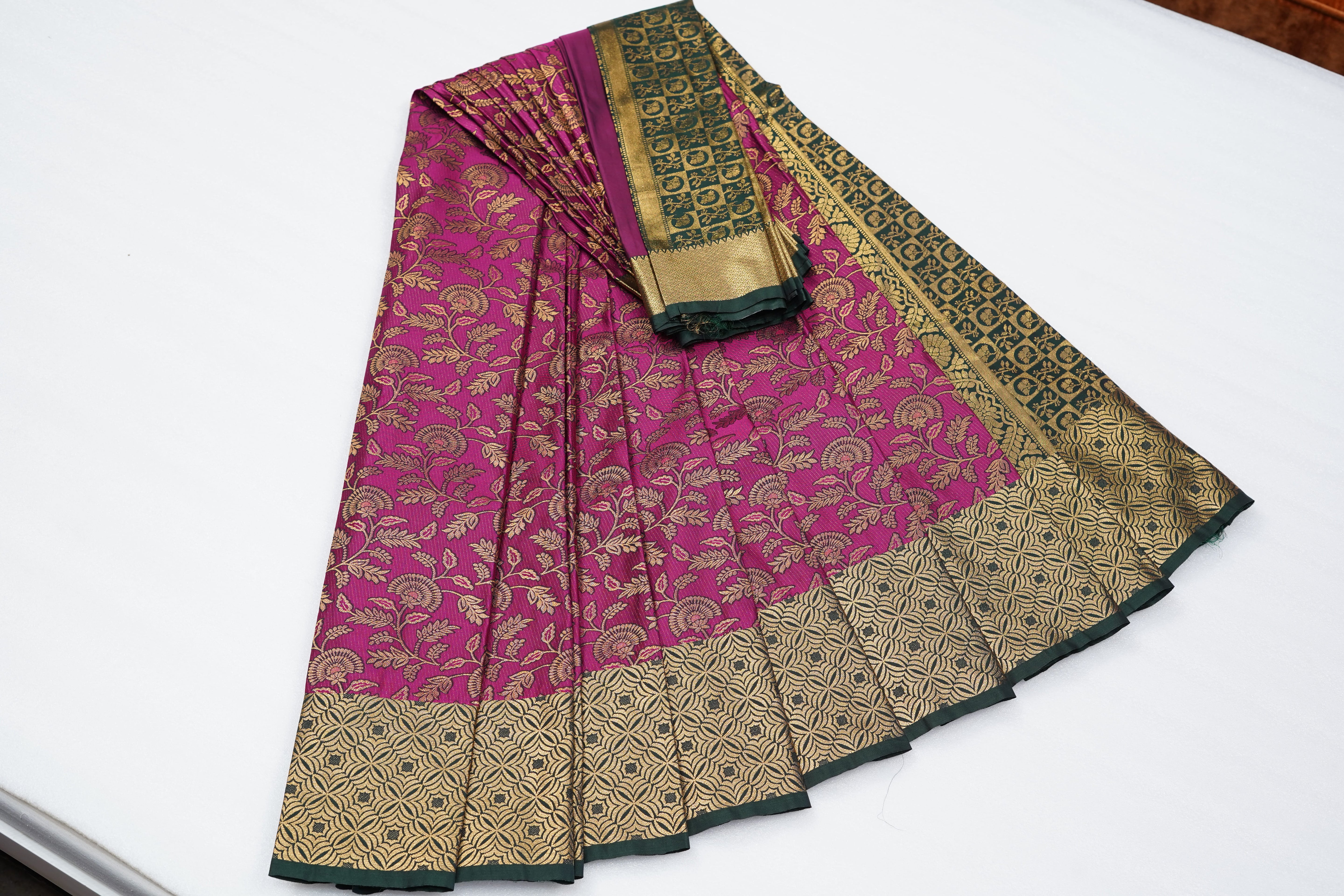 Magenta Art Silk Saree with Floral Jacquard Weave and Gold Geometric Zari Border