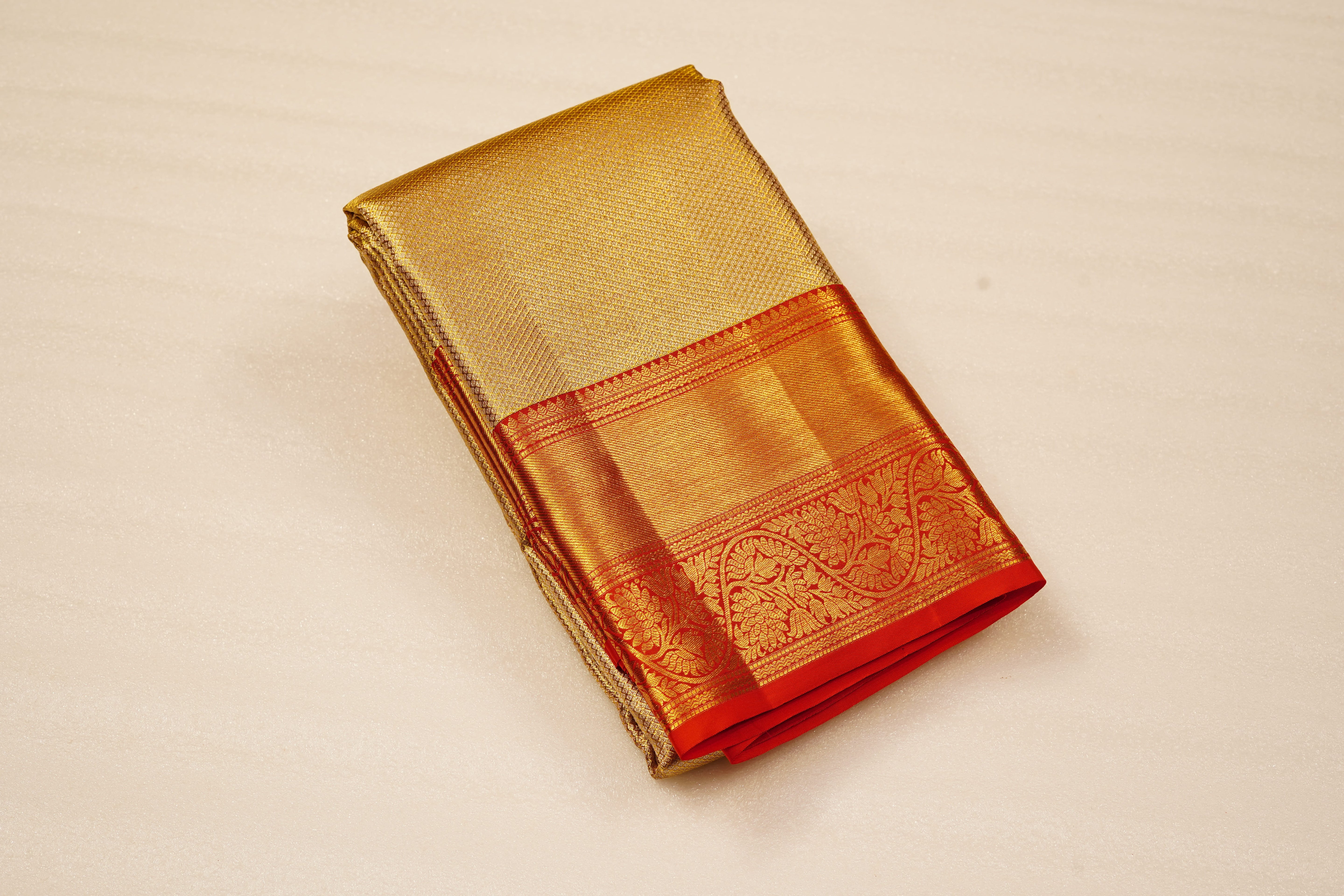 Gold Pure Silk Saree with Intricate Jacquard Weave and Rich Red Zari Border