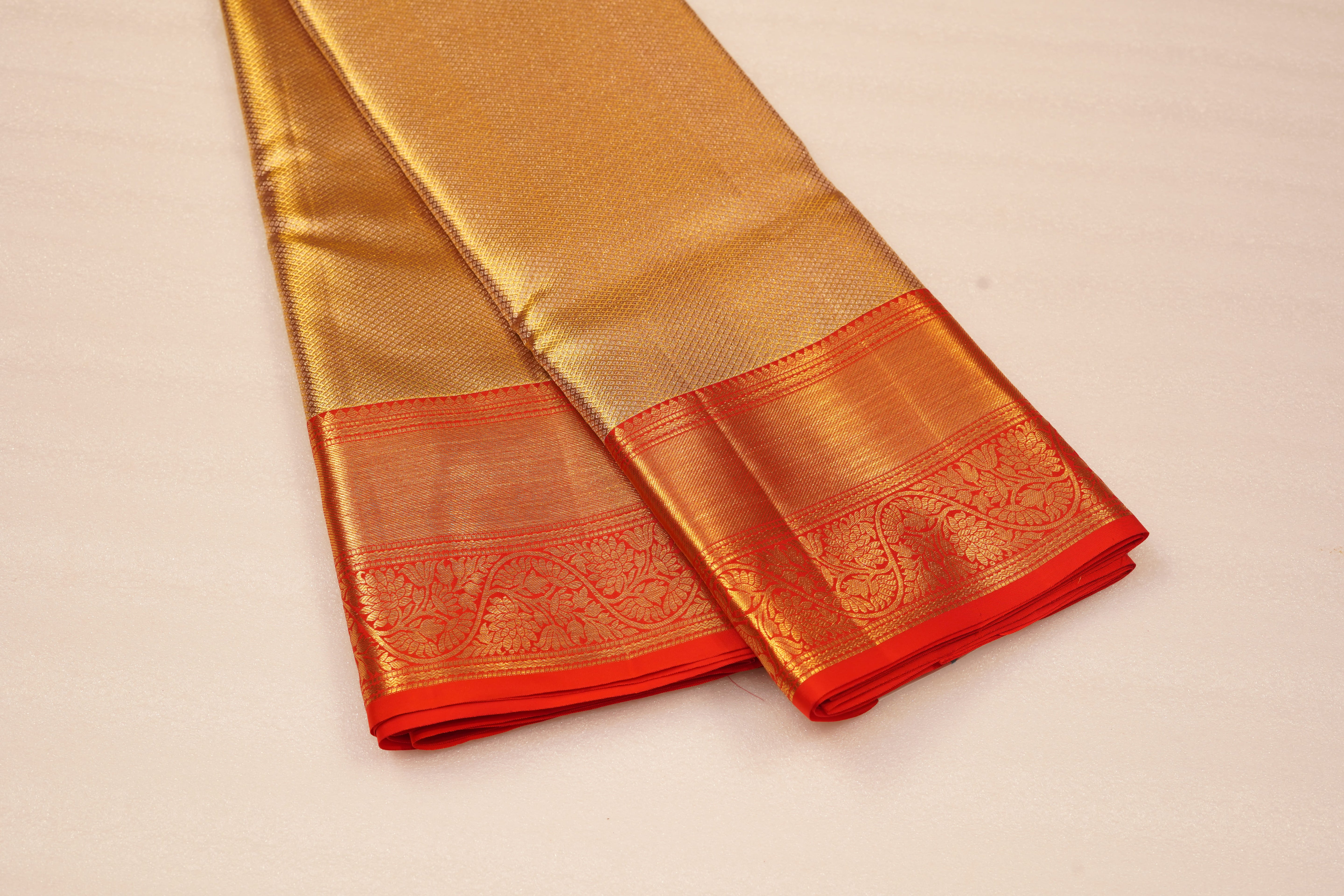 Gold Pure Silk Saree with Intricate Jacquard Weave and Rich Red Zari Border