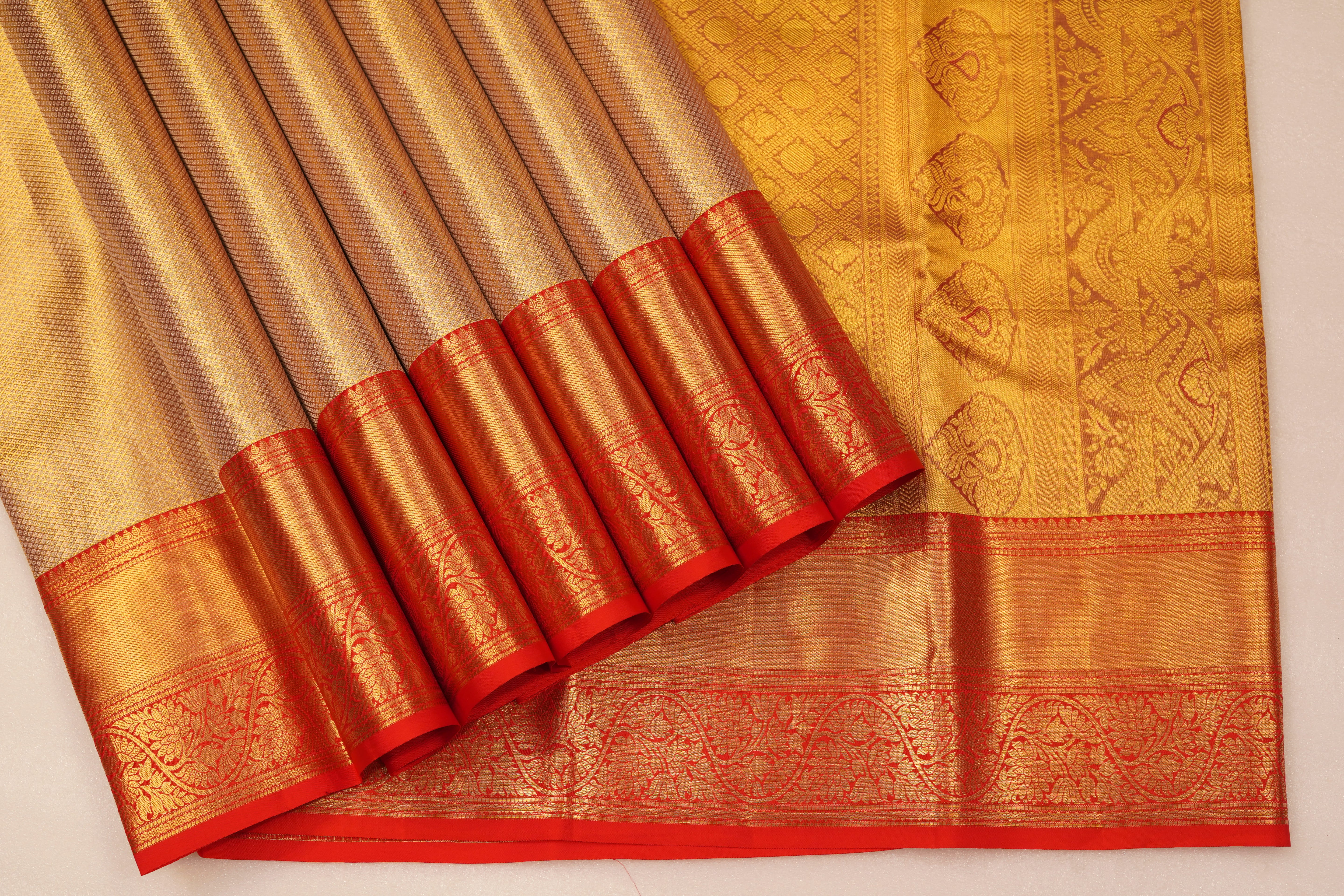 Gold Pure Silk Saree with Intricate Jacquard Weave and Rich Red Zari Border