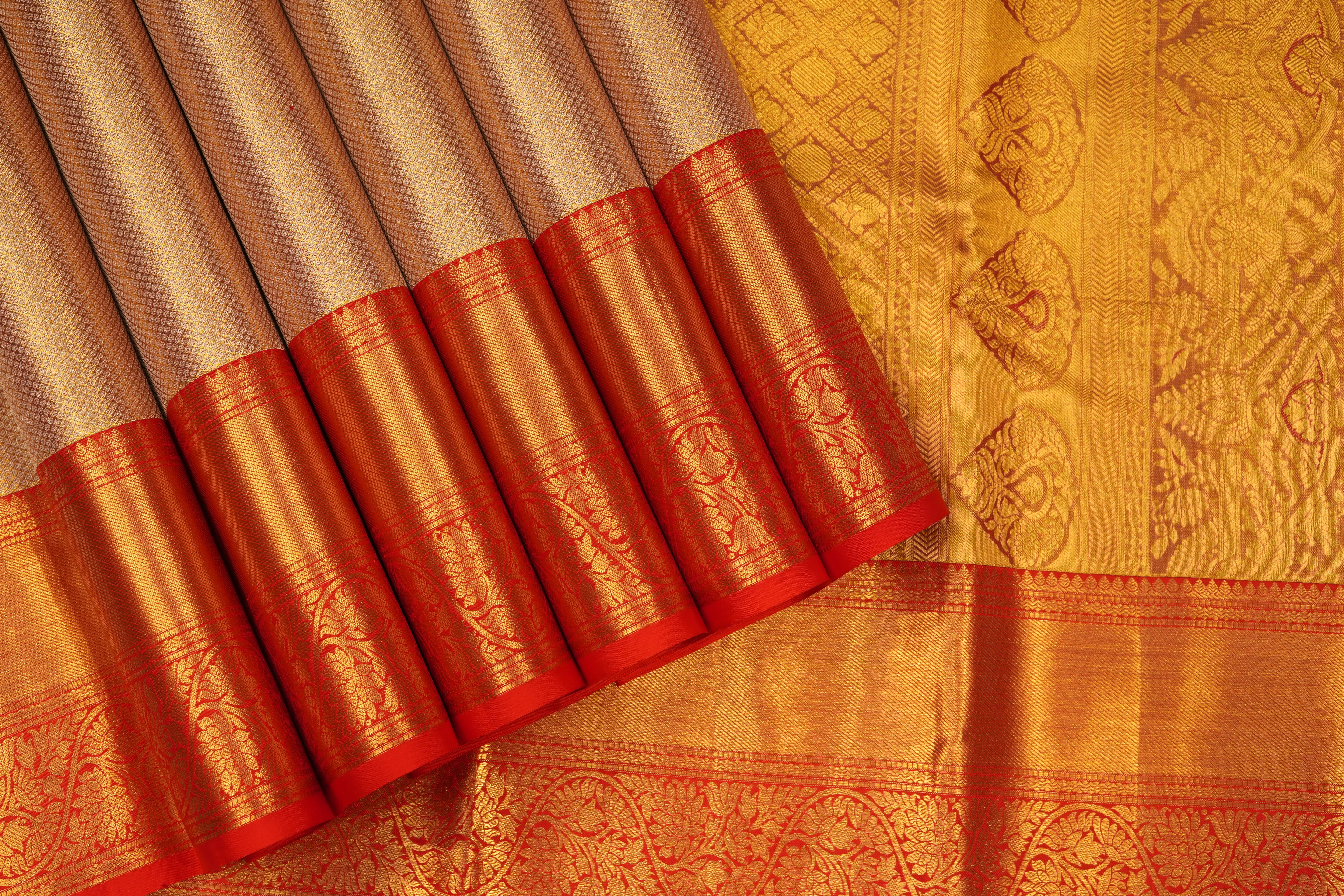 Gold Pure Silk Saree with Intricate Jacquard Weave and Rich Red Zari Border
