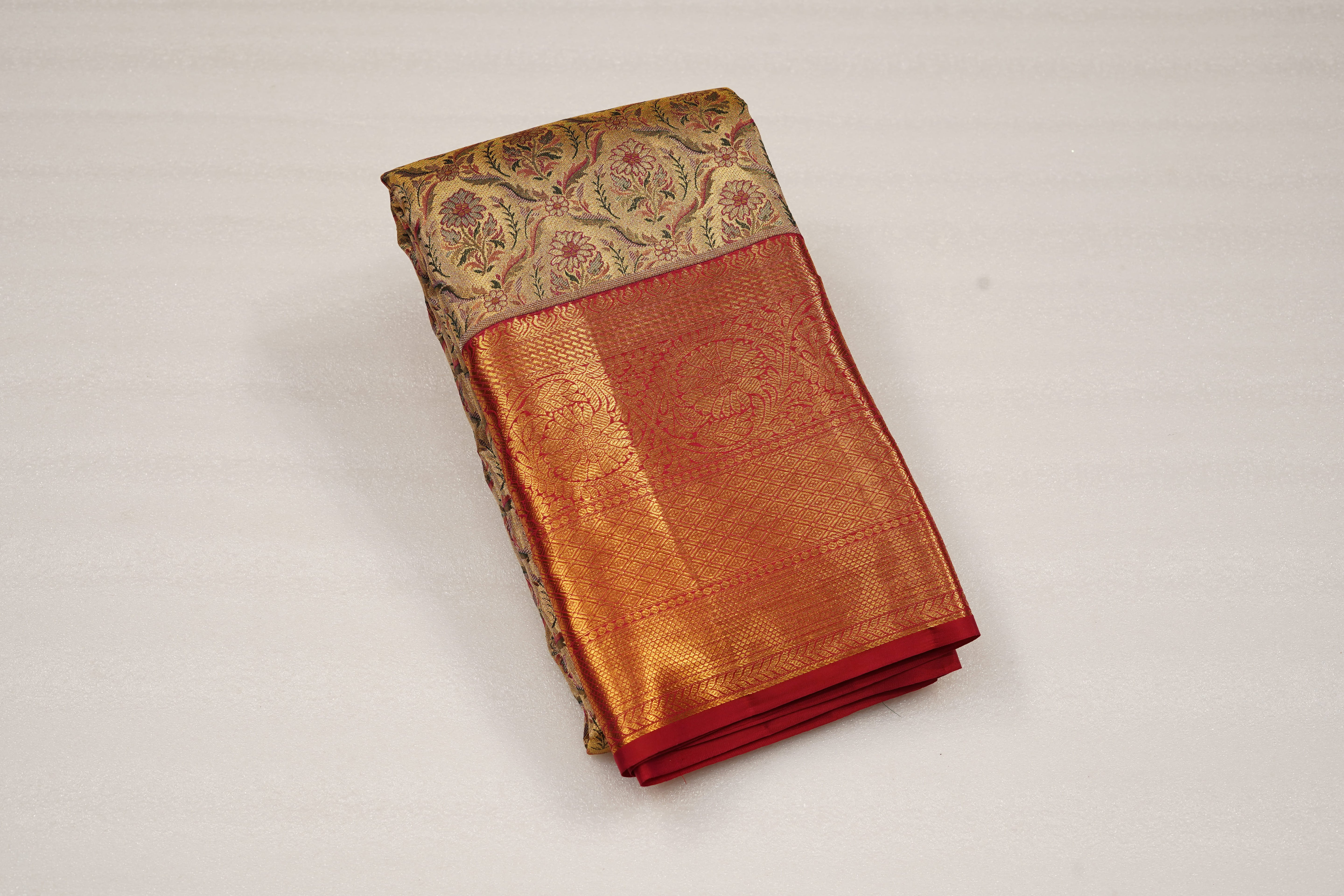 Gold Pure Silk Saree with Intricate Floral Jaal and Rich Red Zari Border