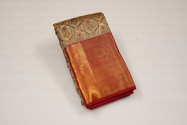 Gold Pure Silk Saree with Intricate Floral Jaal and Rich Red Zari Border