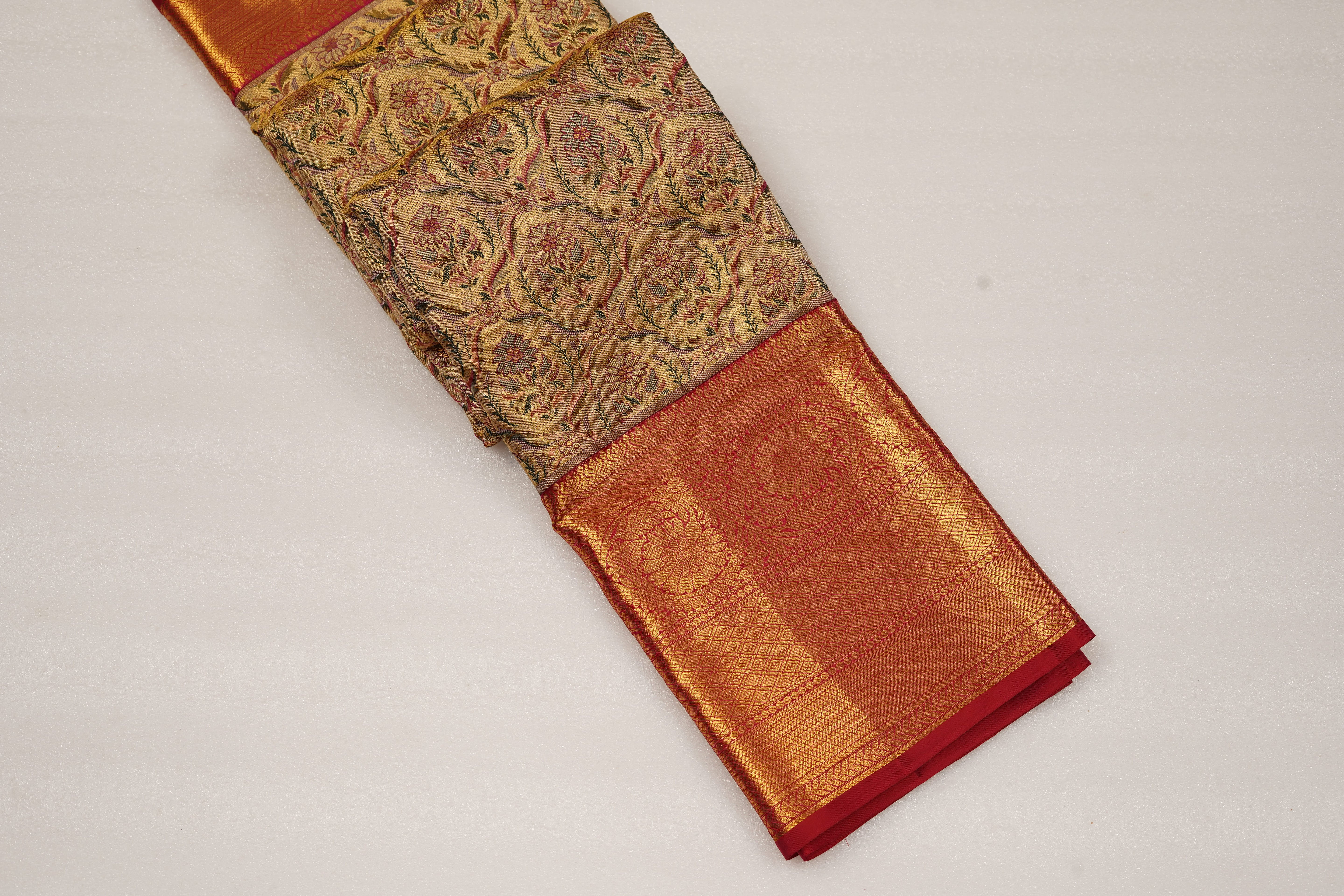 Gold Pure Silk Saree with Intricate Floral Jaal and Rich Red Zari Border