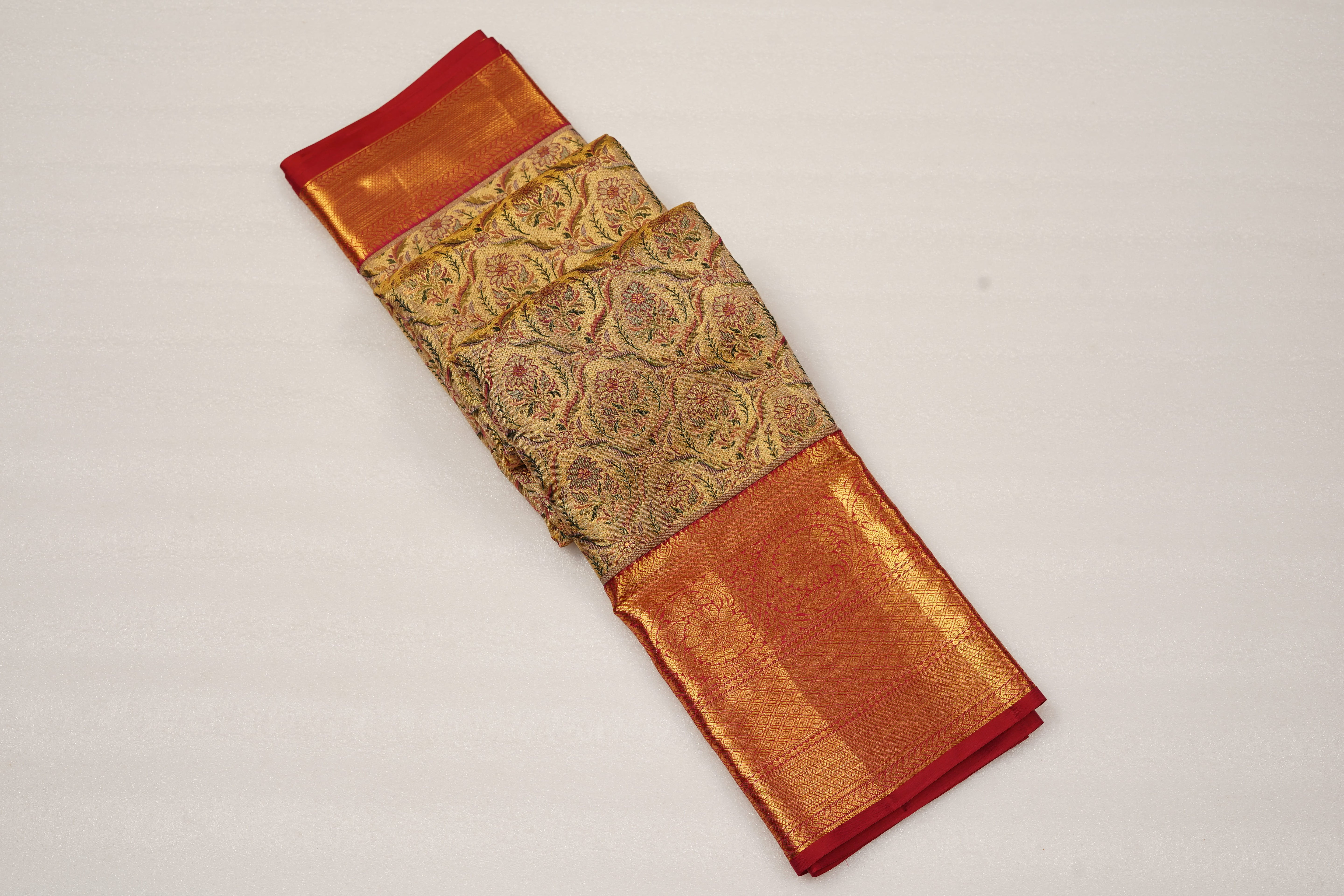Gold Pure Silk Saree with Intricate Floral Jaal and Rich Red Zari Border