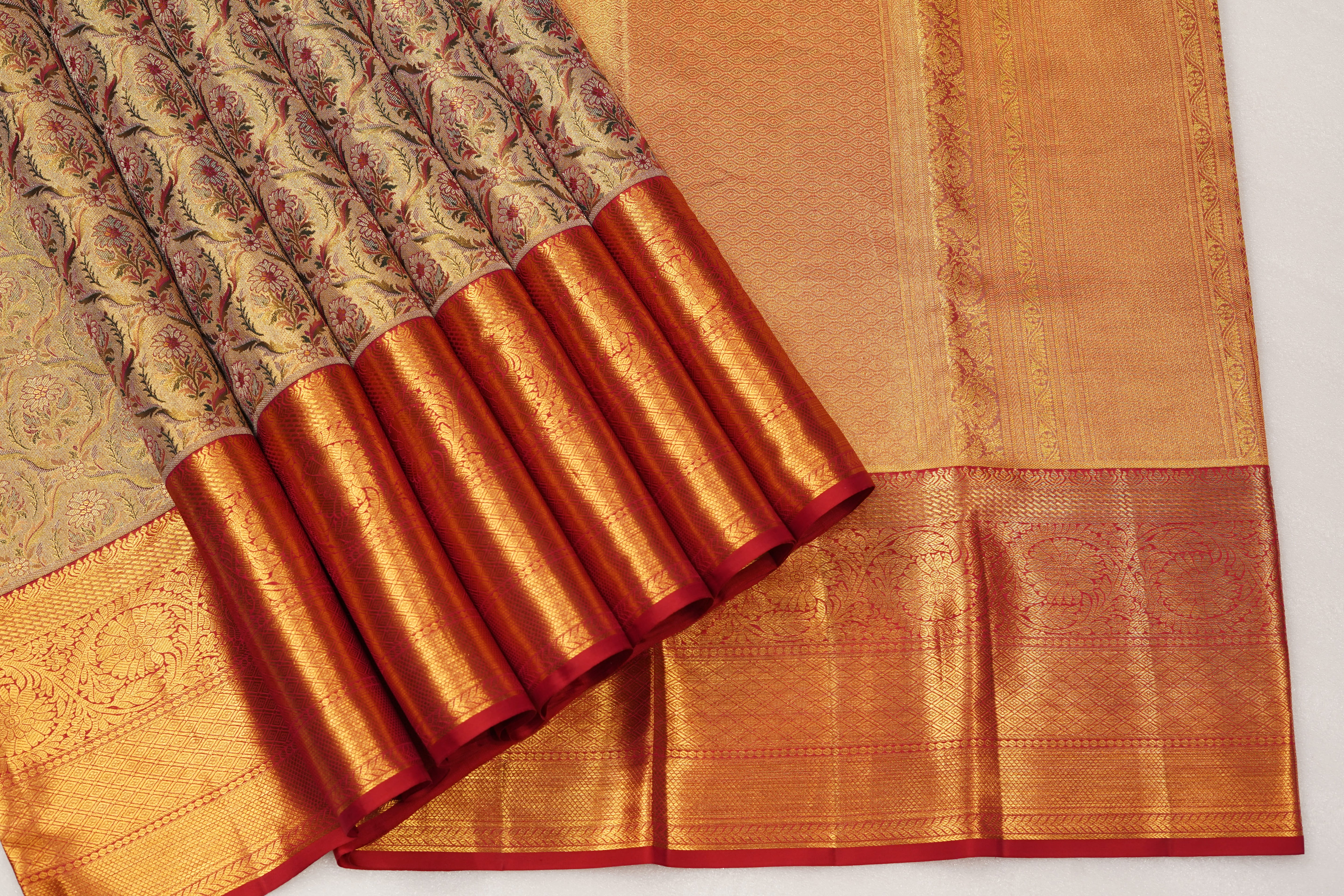 Gold Pure Silk Saree with Intricate Floral Jaal and Rich Red Zari Border