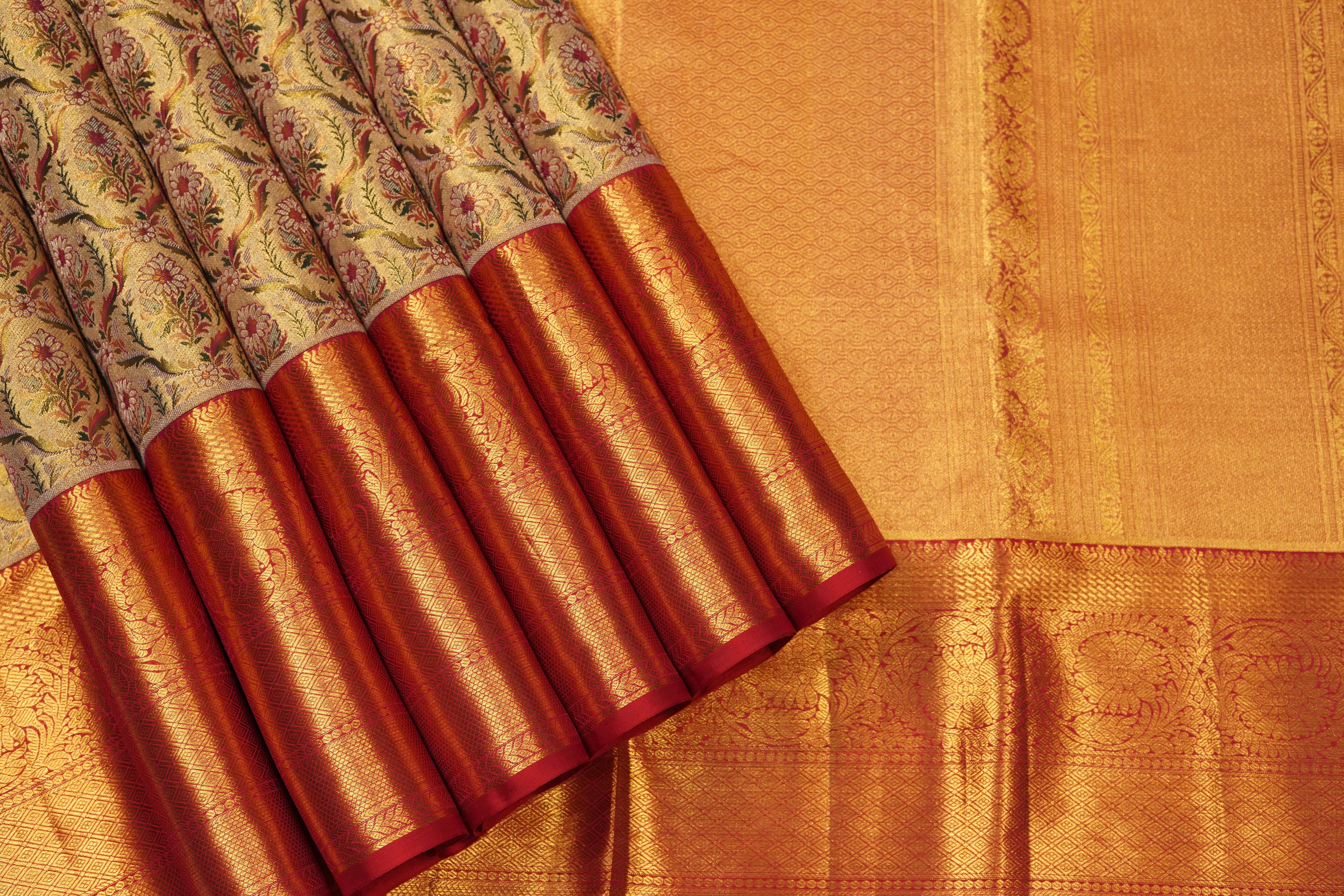 Gold Pure Silk Saree with Intricate Floral Jaal and Rich Red Zari Border