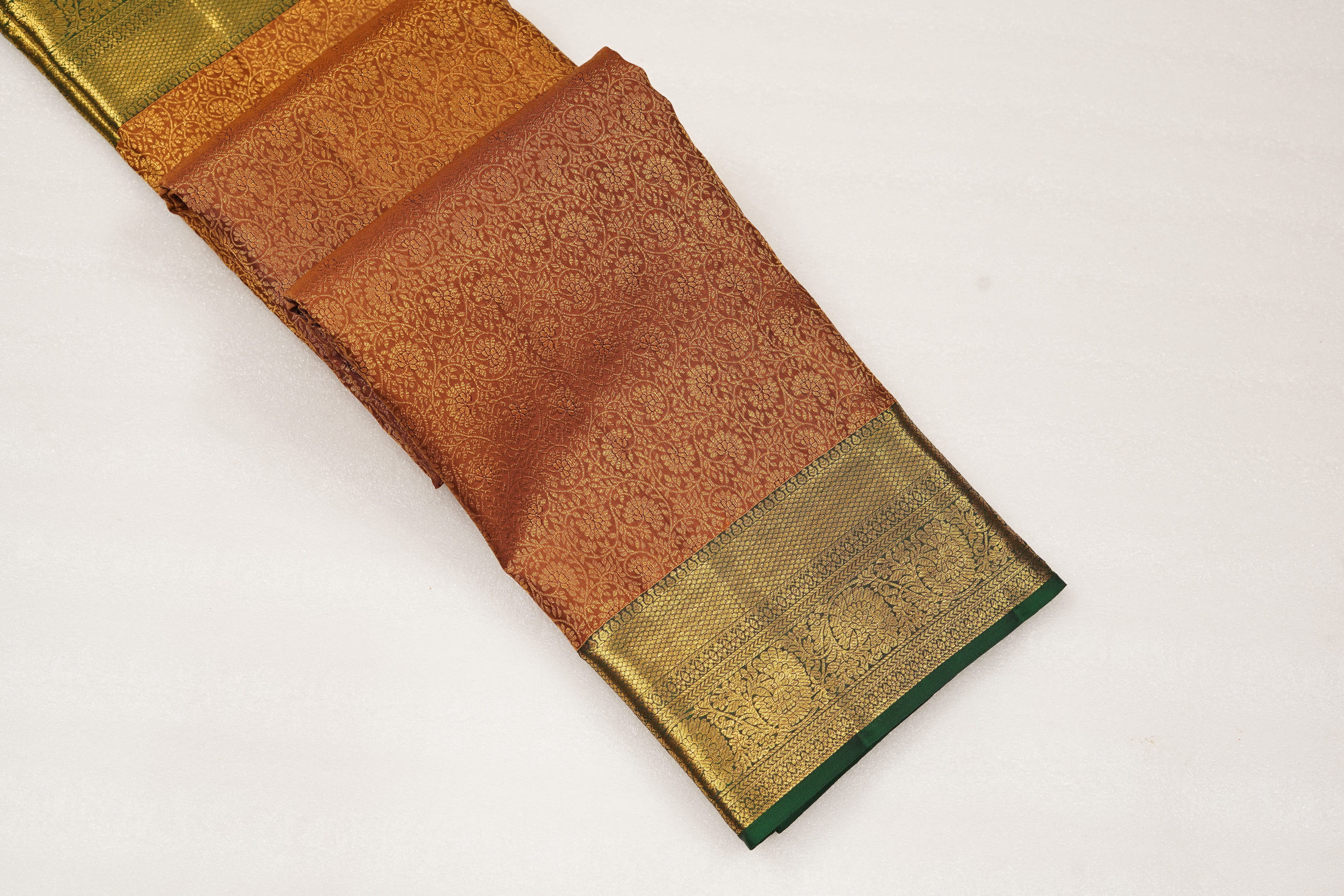 Rust Brown Pure Silk Saree with All-over Jacquard Weave and Rich Green-Gold Zari Border