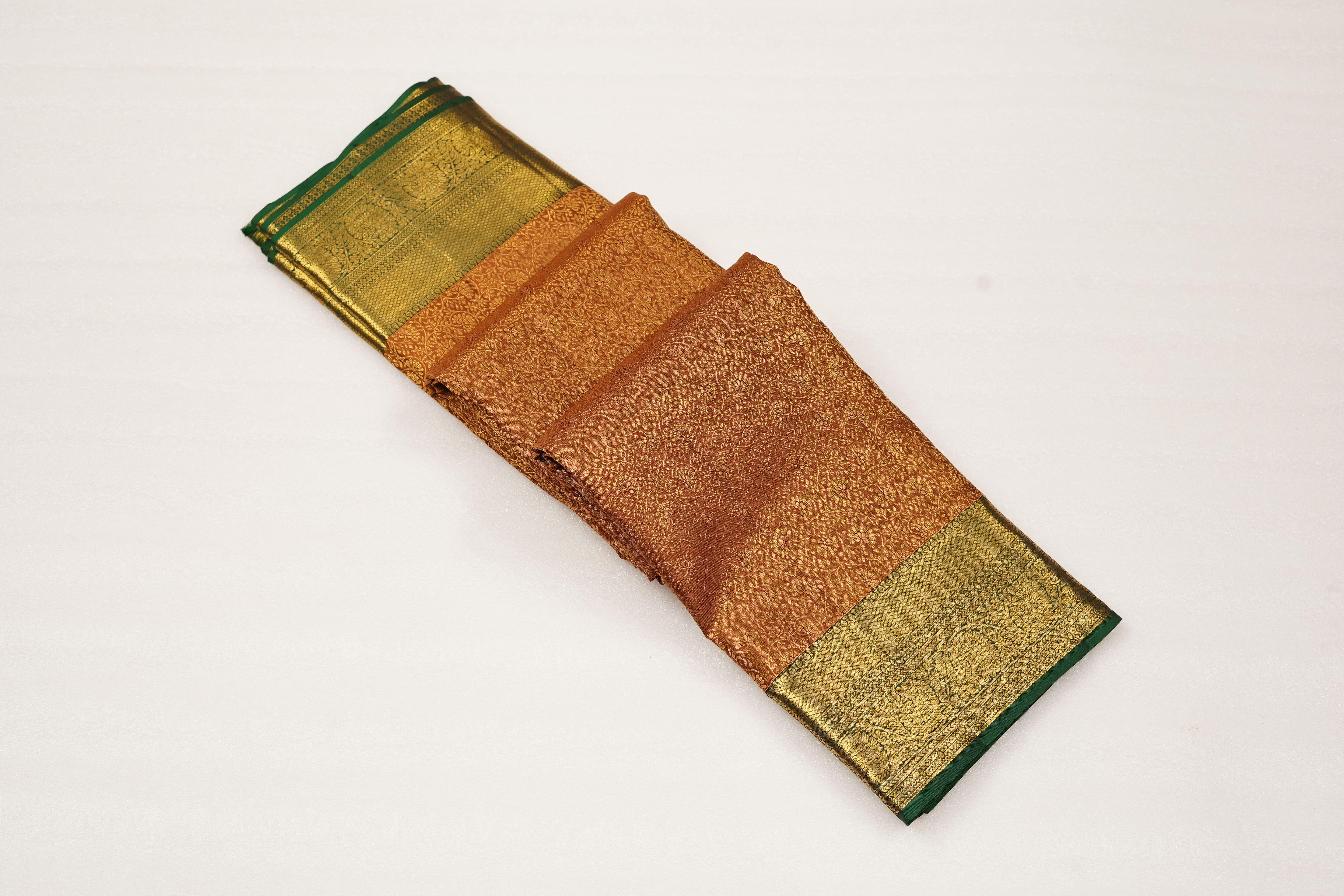 Rust Brown Pure Silk Saree with All-over Jacquard Weave and Rich Green-Gold Zari Border