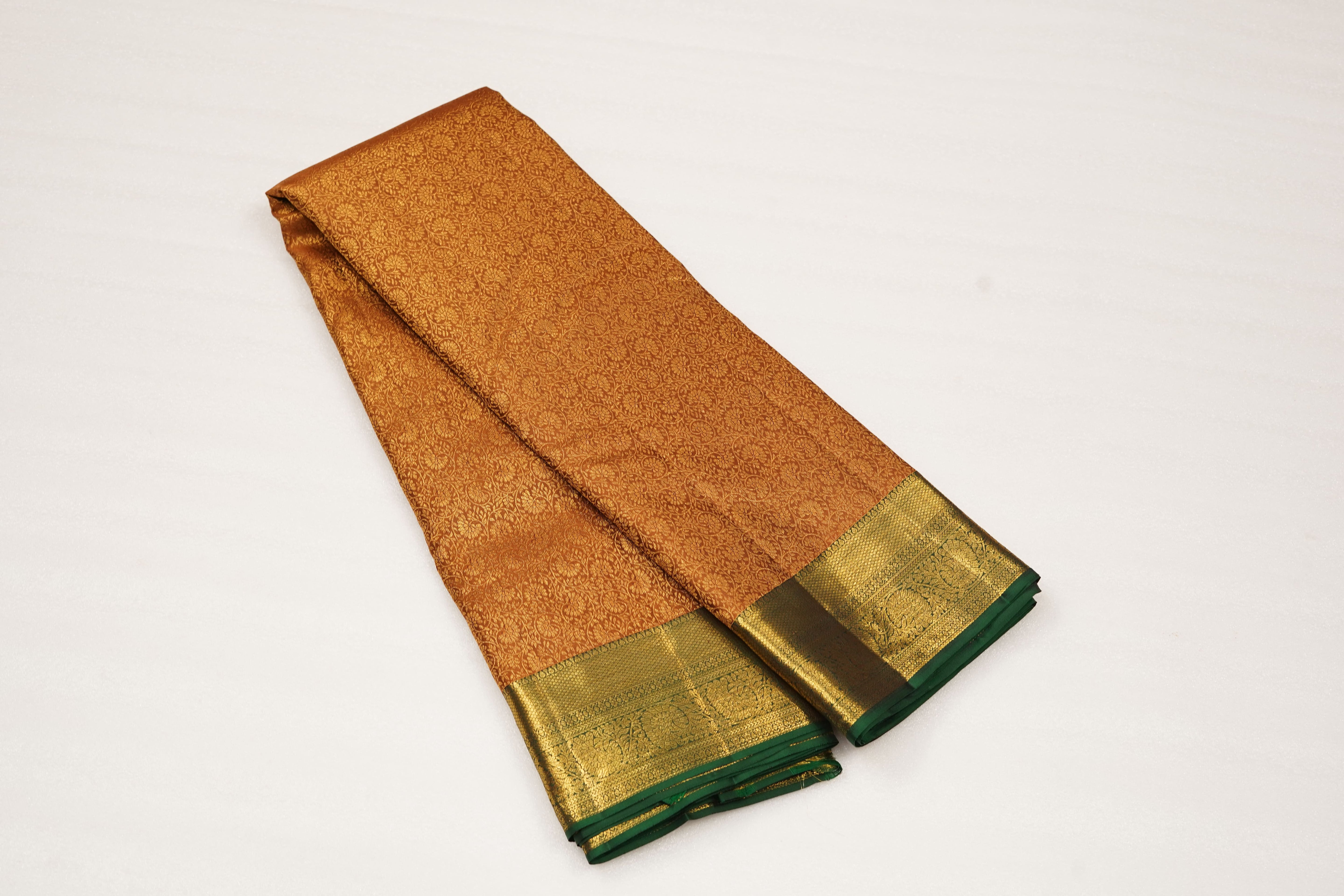 Rust Brown Pure Silk Saree with All-over Jacquard Weave and Rich Green-Gold Zari Border