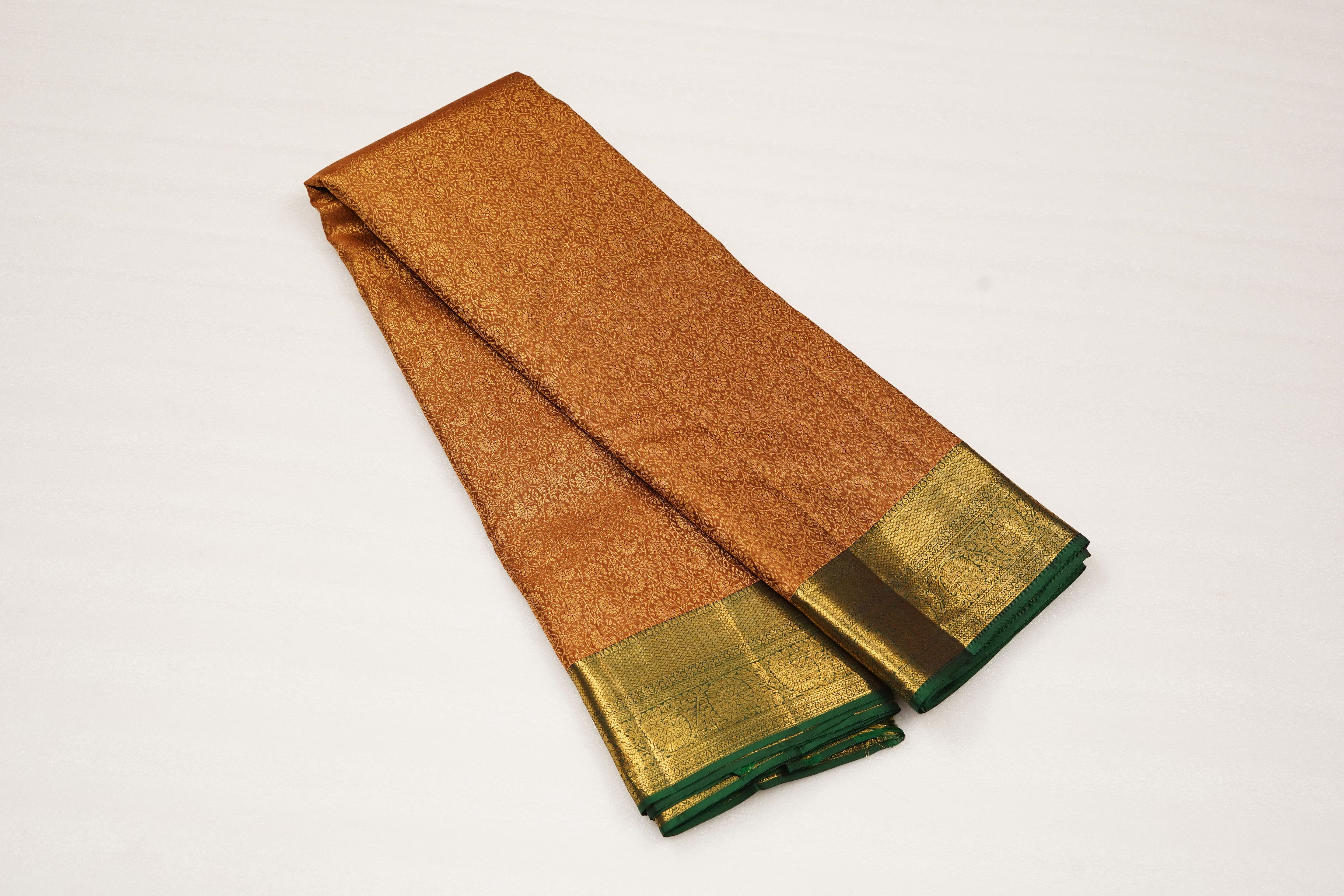 Rust Brown Pure Silk Saree with All-over Jacquard Weave and Rich Green-Gold Zari Border