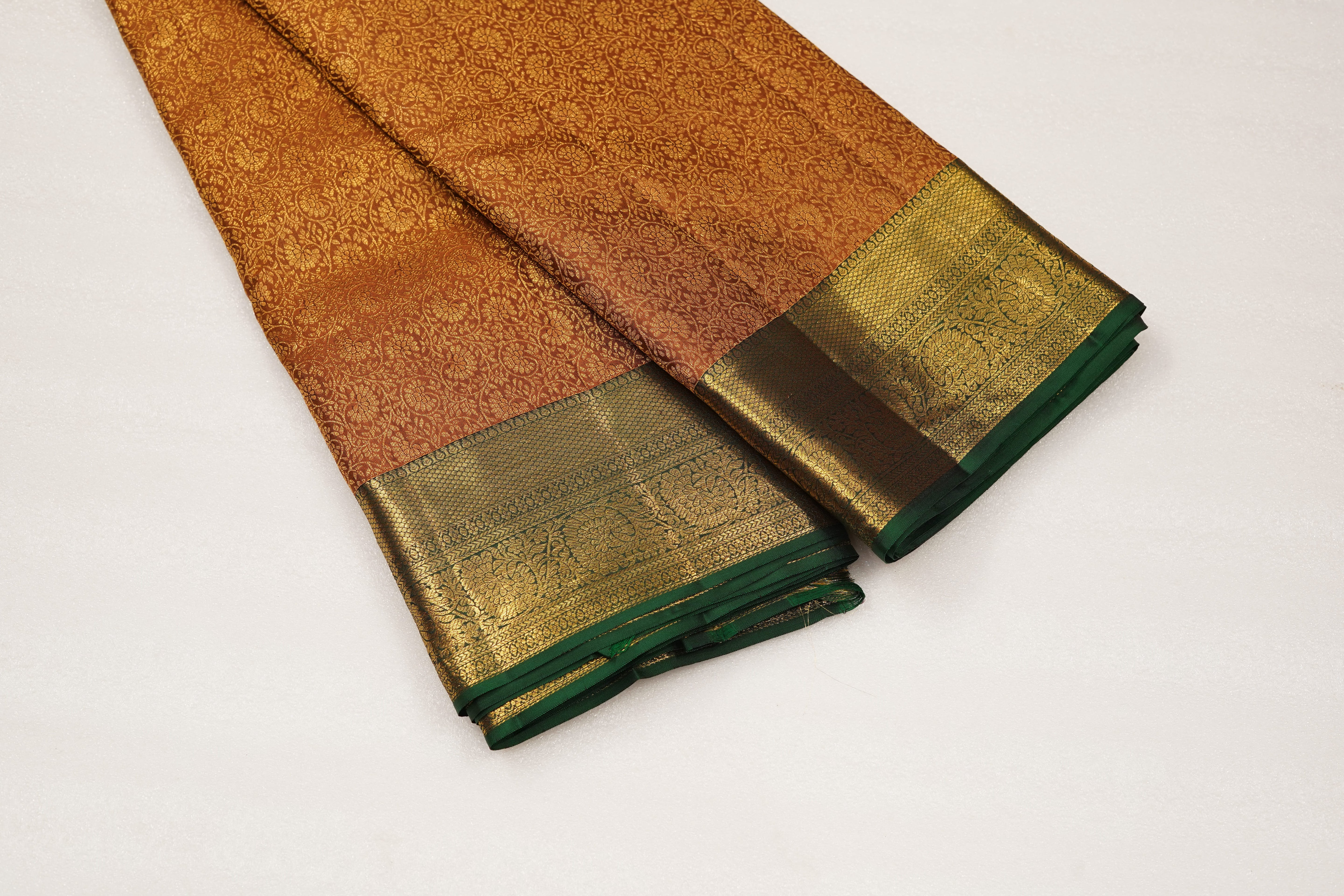 Rust Brown Pure Silk Saree with All-over Jacquard Weave and Rich Green-Gold Zari Border