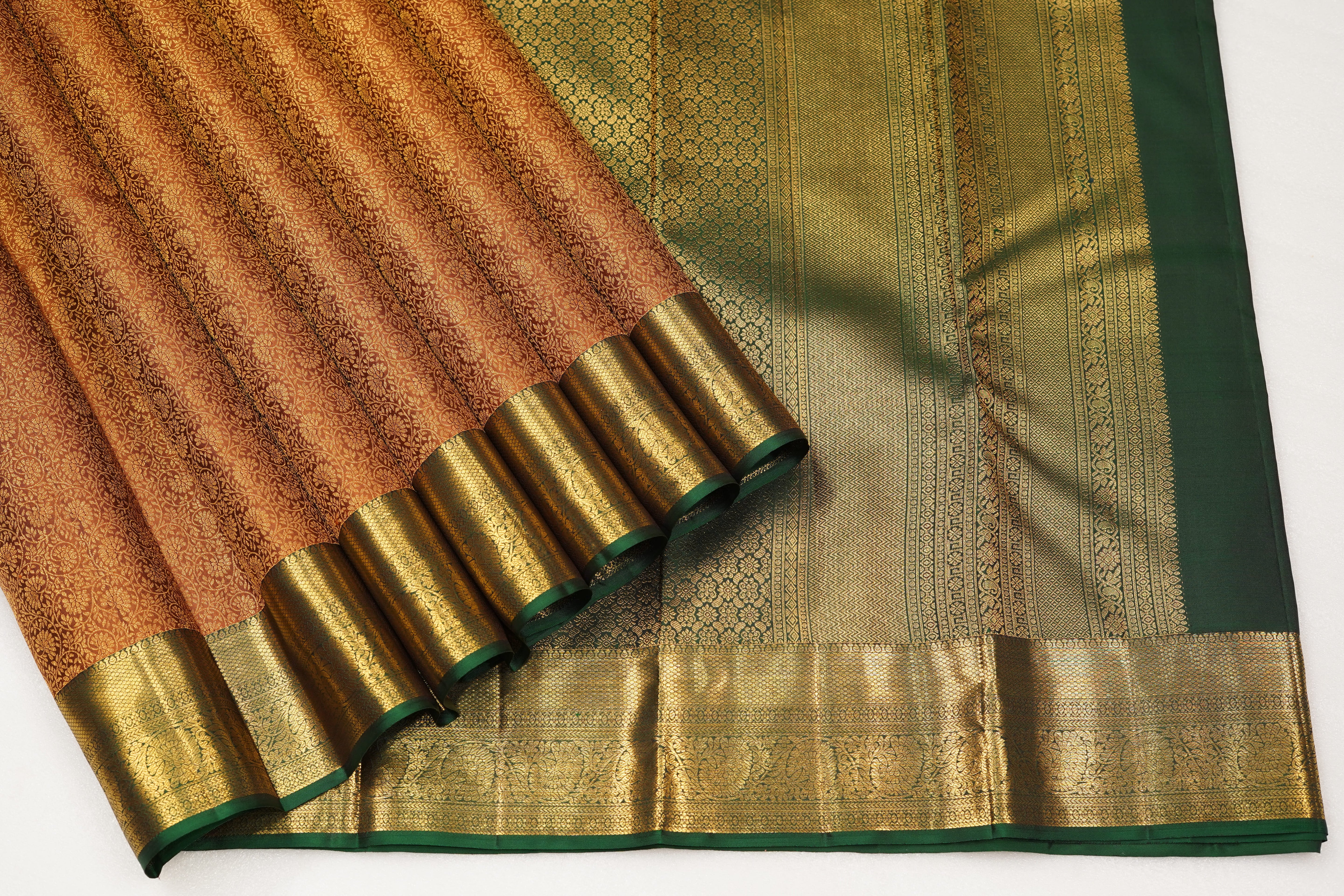 Rust Brown Pure Silk Saree with All-over Jacquard Weave and Rich Green-Gold Zari Border