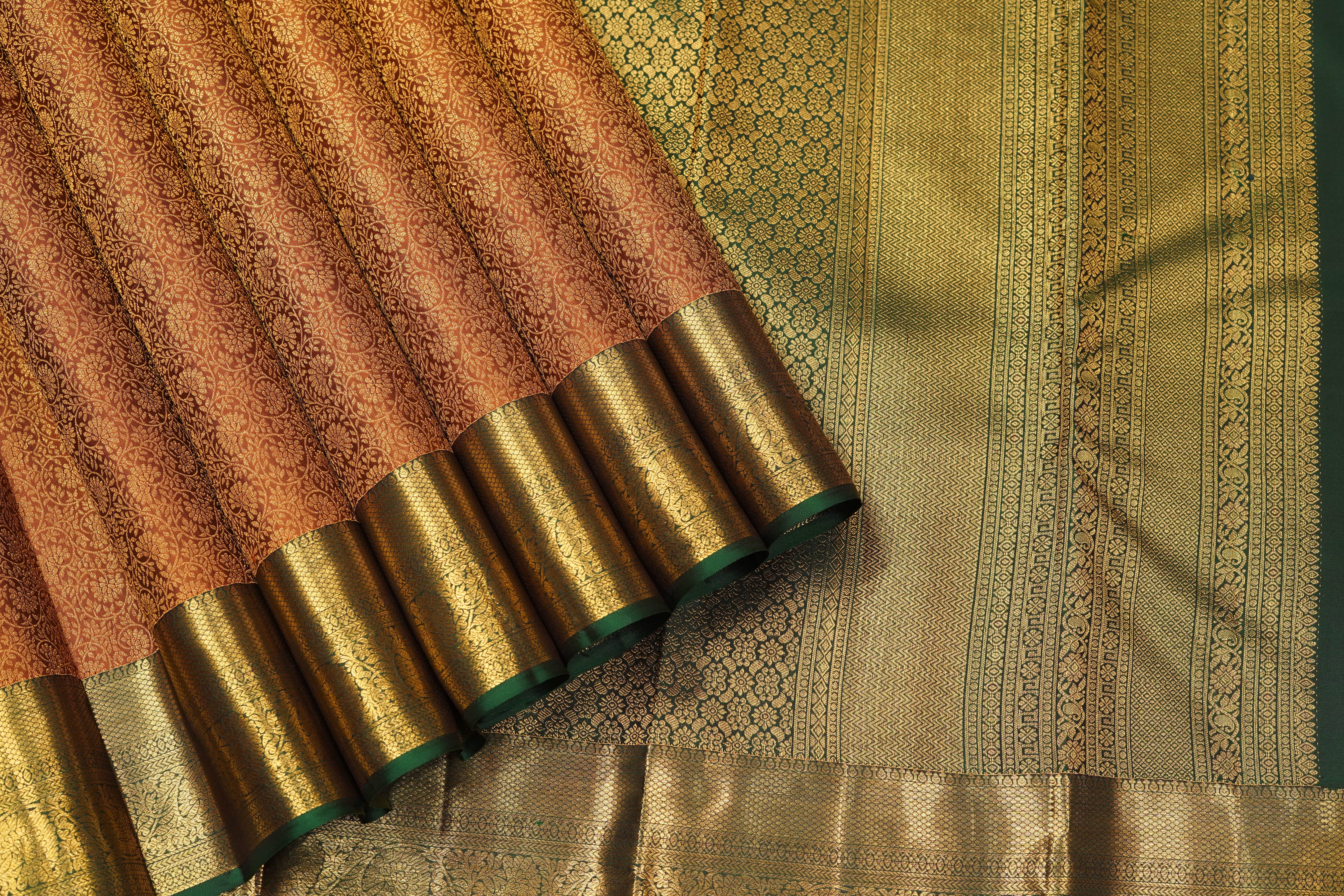 Rust Brown Pure Silk Saree with All-over Jacquard Weave and Rich Green-Gold Zari Border