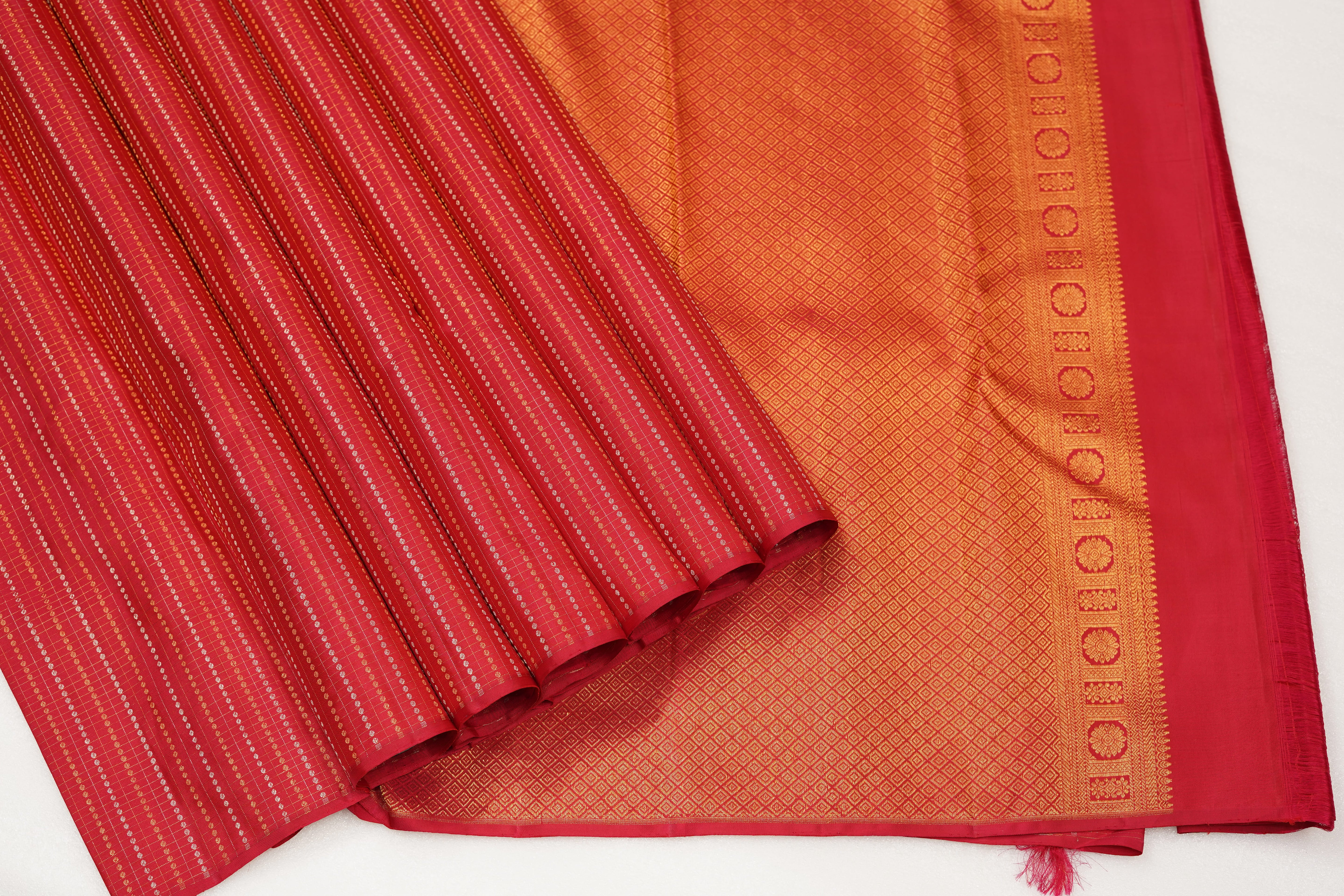 Red Pure Silk Saree with Subtle Zari Stripe Pattern