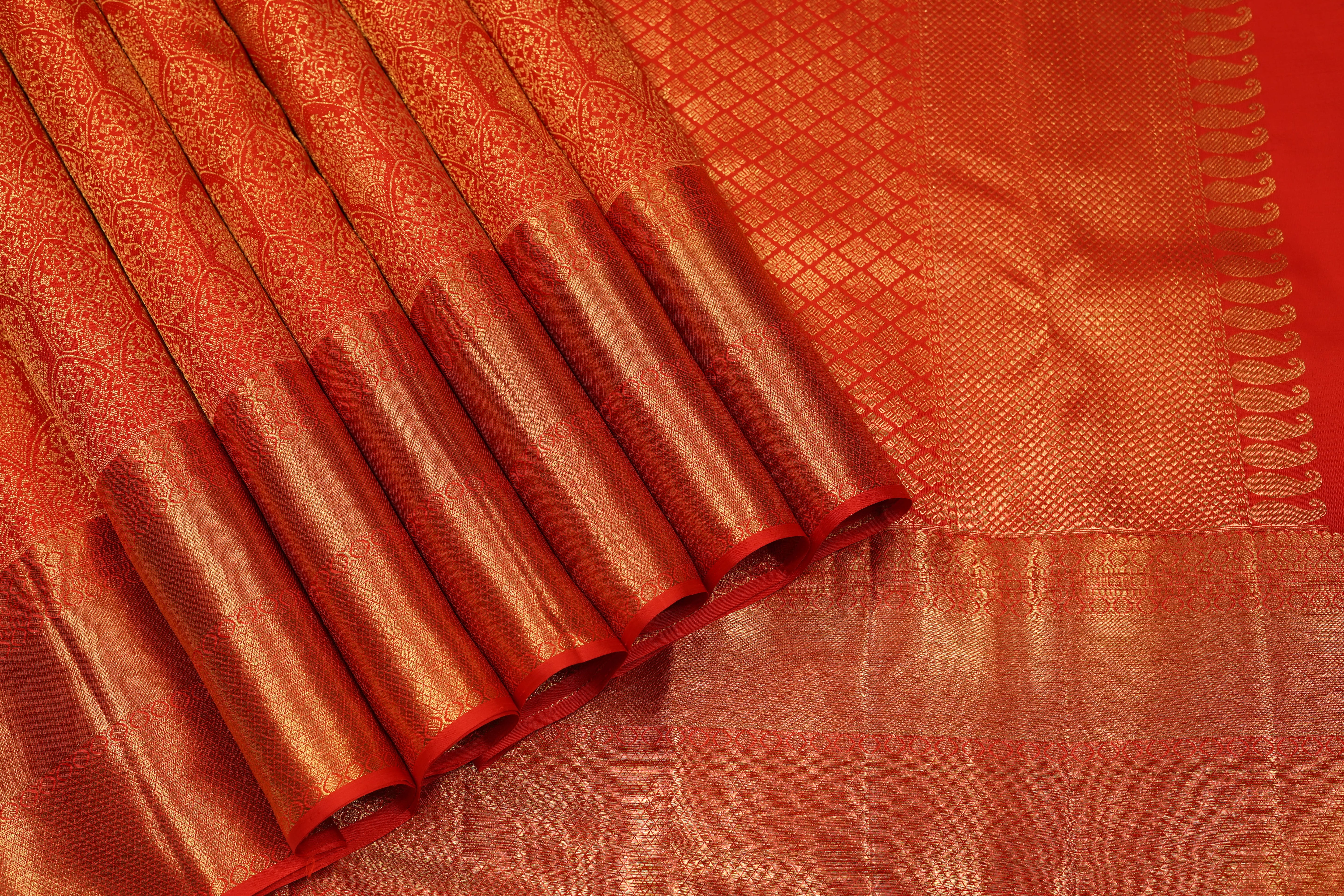 Red Pure Silk Saree with Intricate Gold Jacquard Weave and Grand Zari Pallu