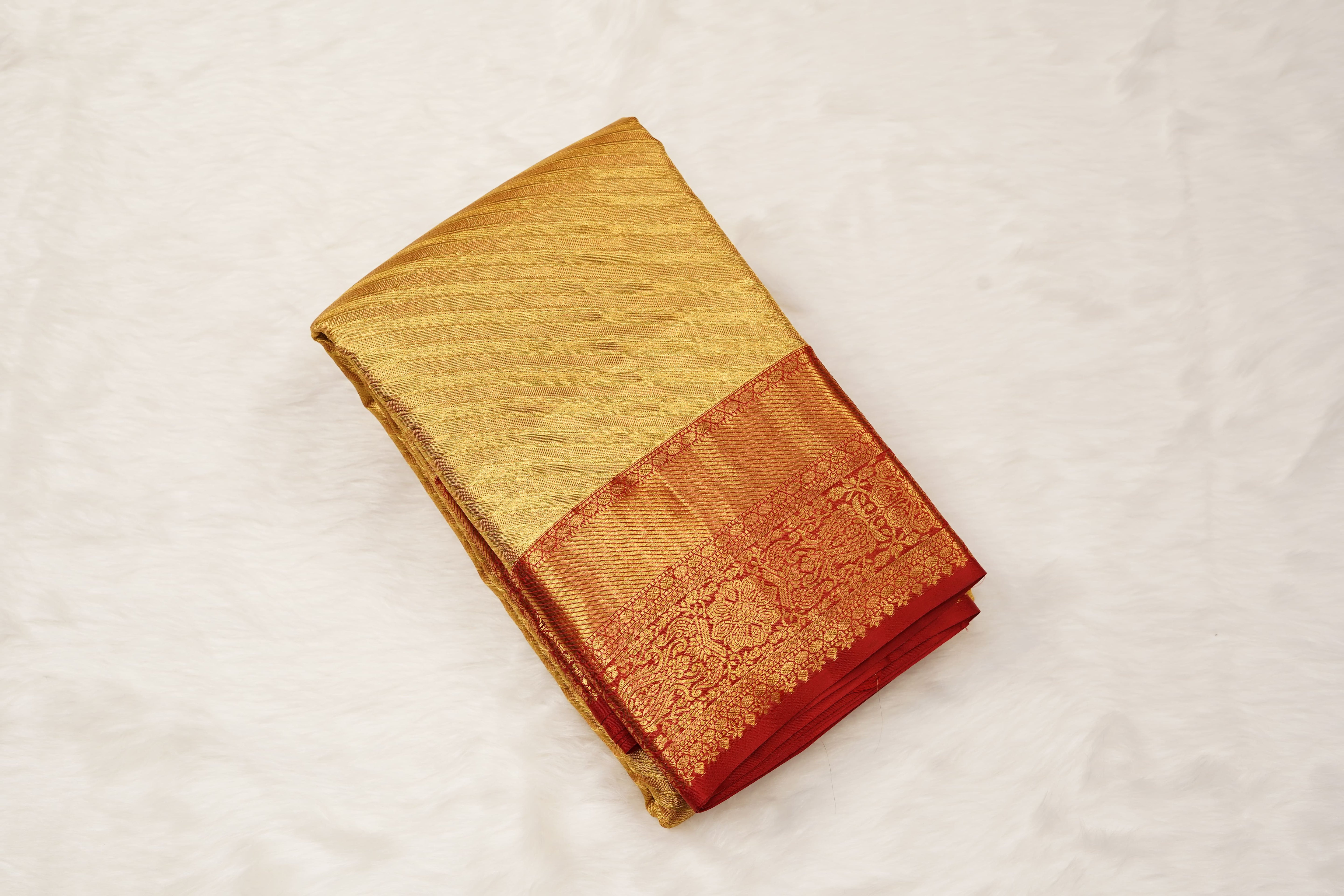 Gold & Red Pure Silk Saree with Diagonal Weave Body and Traditional Zari Border
