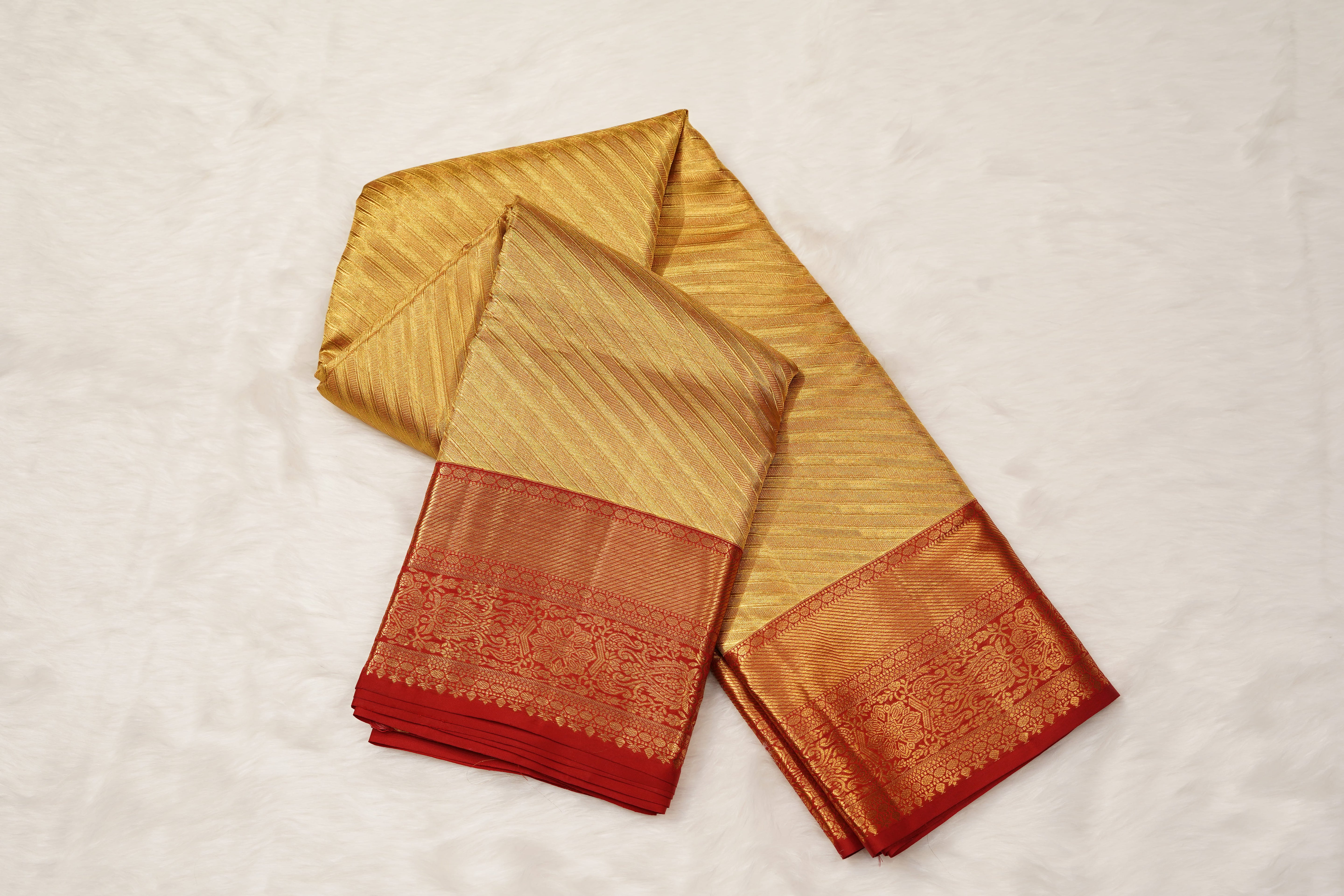 Gold & Red Pure Silk Saree with Diagonal Weave Body and Traditional Zari Border