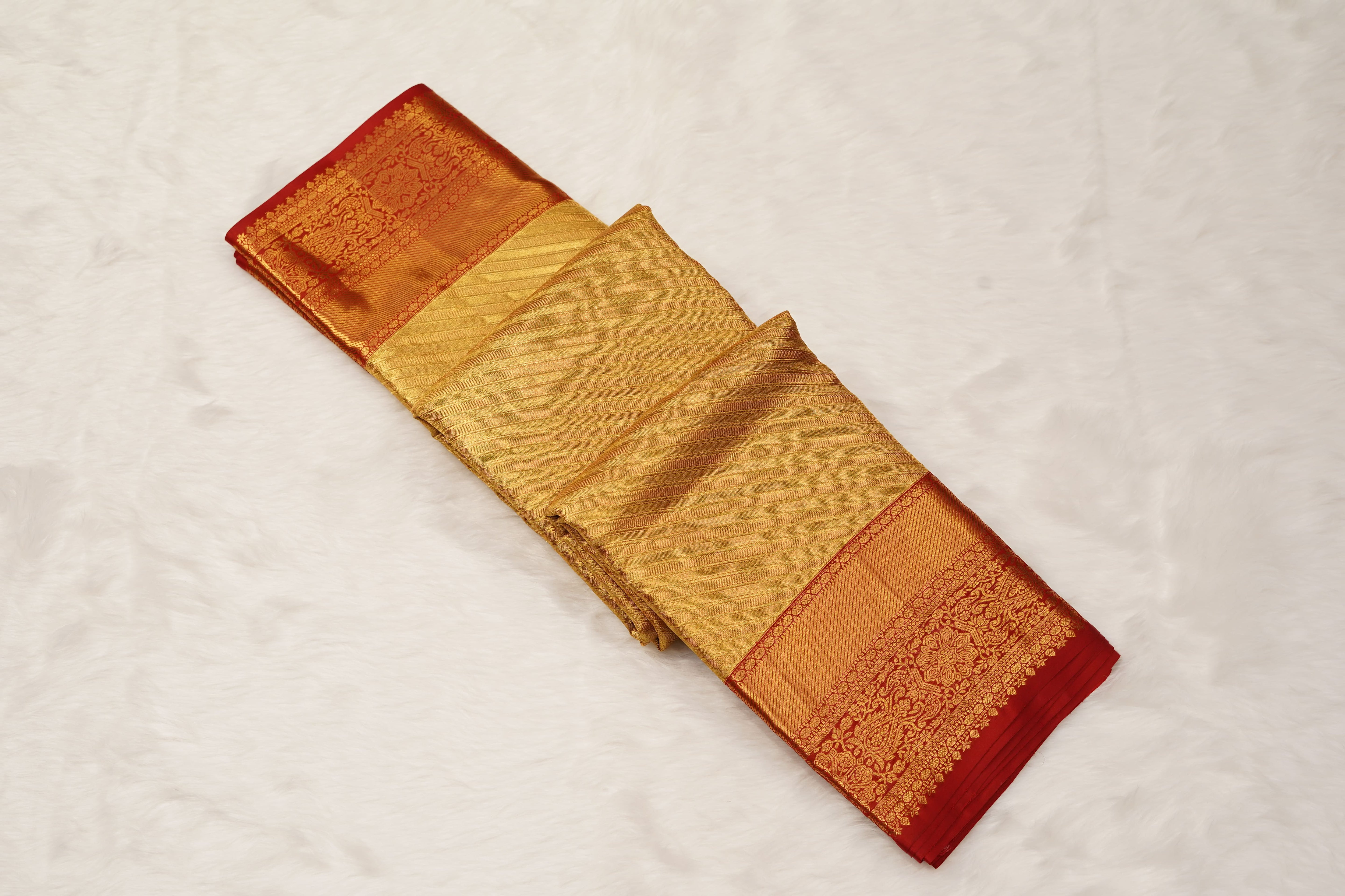 Gold & Red Pure Silk Saree with Diagonal Weave Body and Traditional Zari Border
