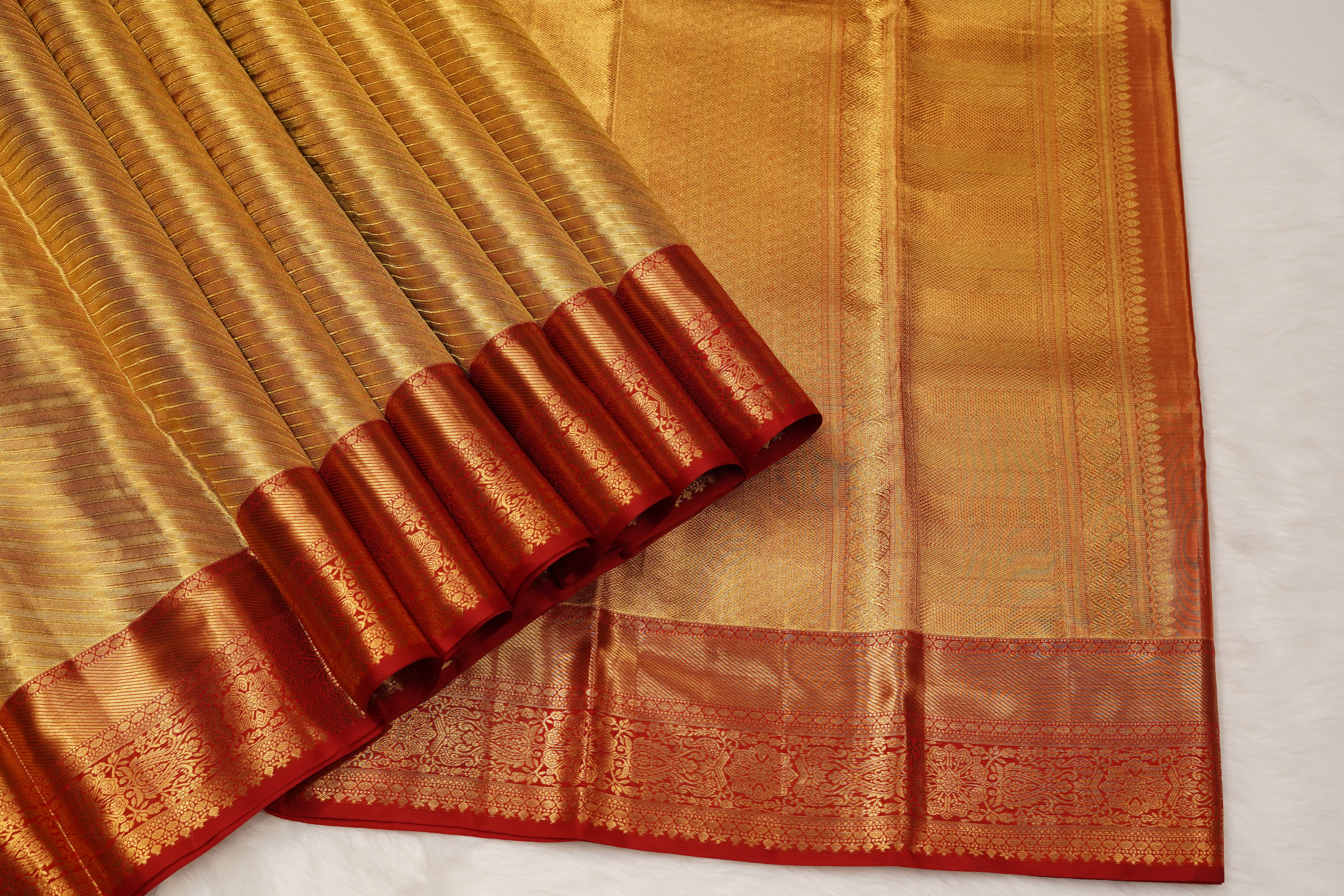 Gold & Red Pure Silk Saree with Diagonal Weave Body and Traditional Zari Border