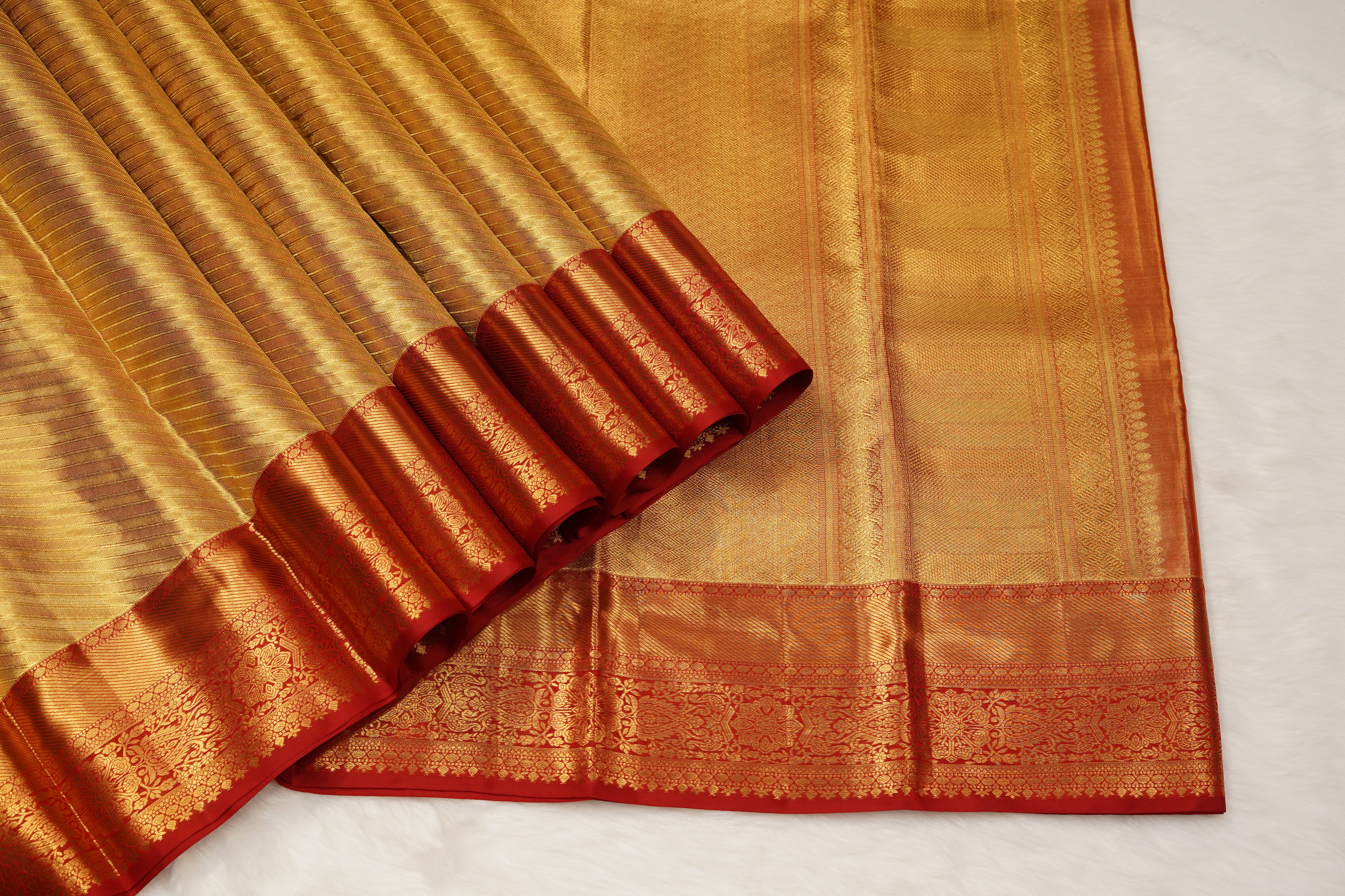 Gold & Red Pure Silk Saree with Diagonal Weave Body and Traditional Zari Border