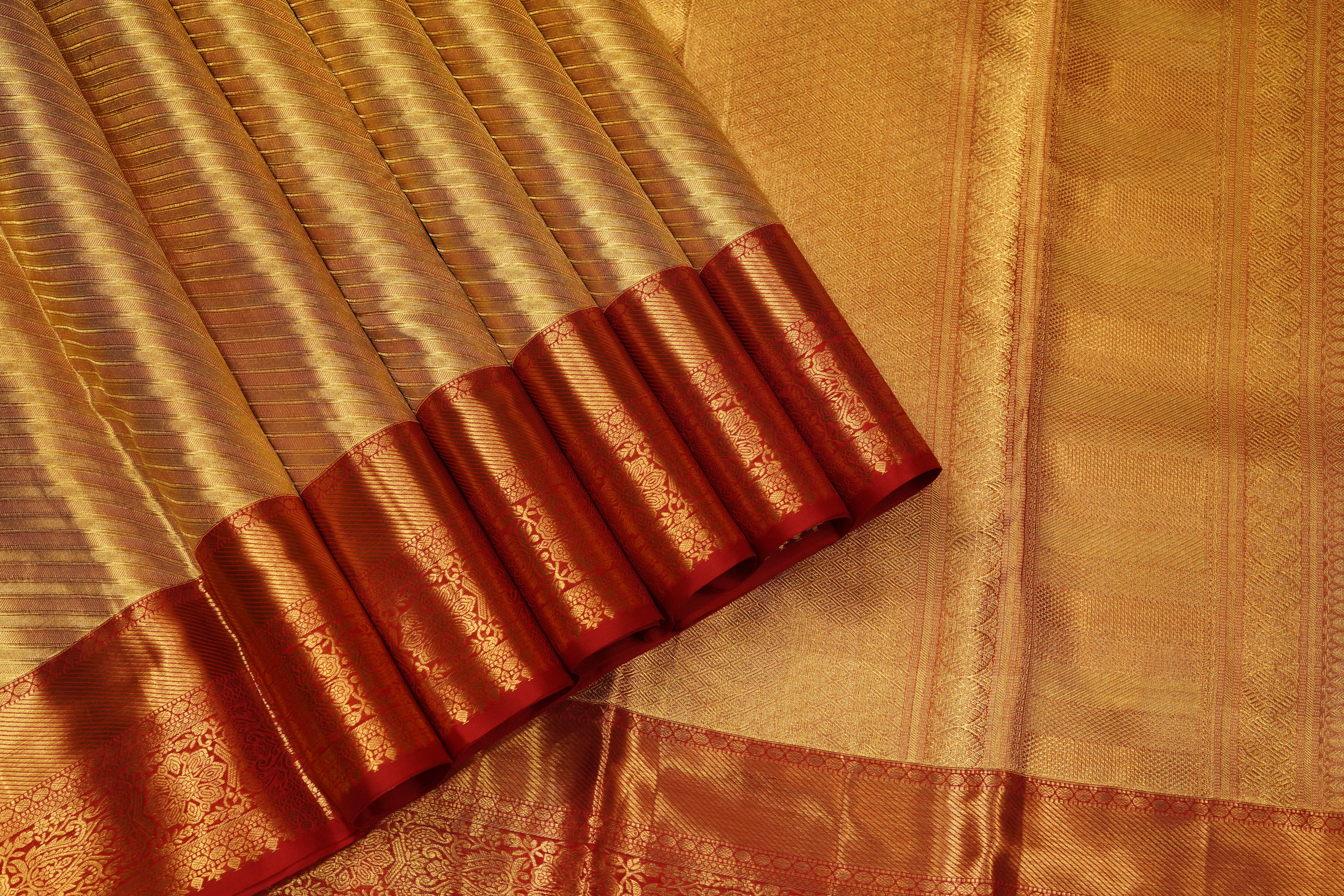 Gold & Red Pure Silk Saree with Diagonal Weave Body and Traditional Zari Border