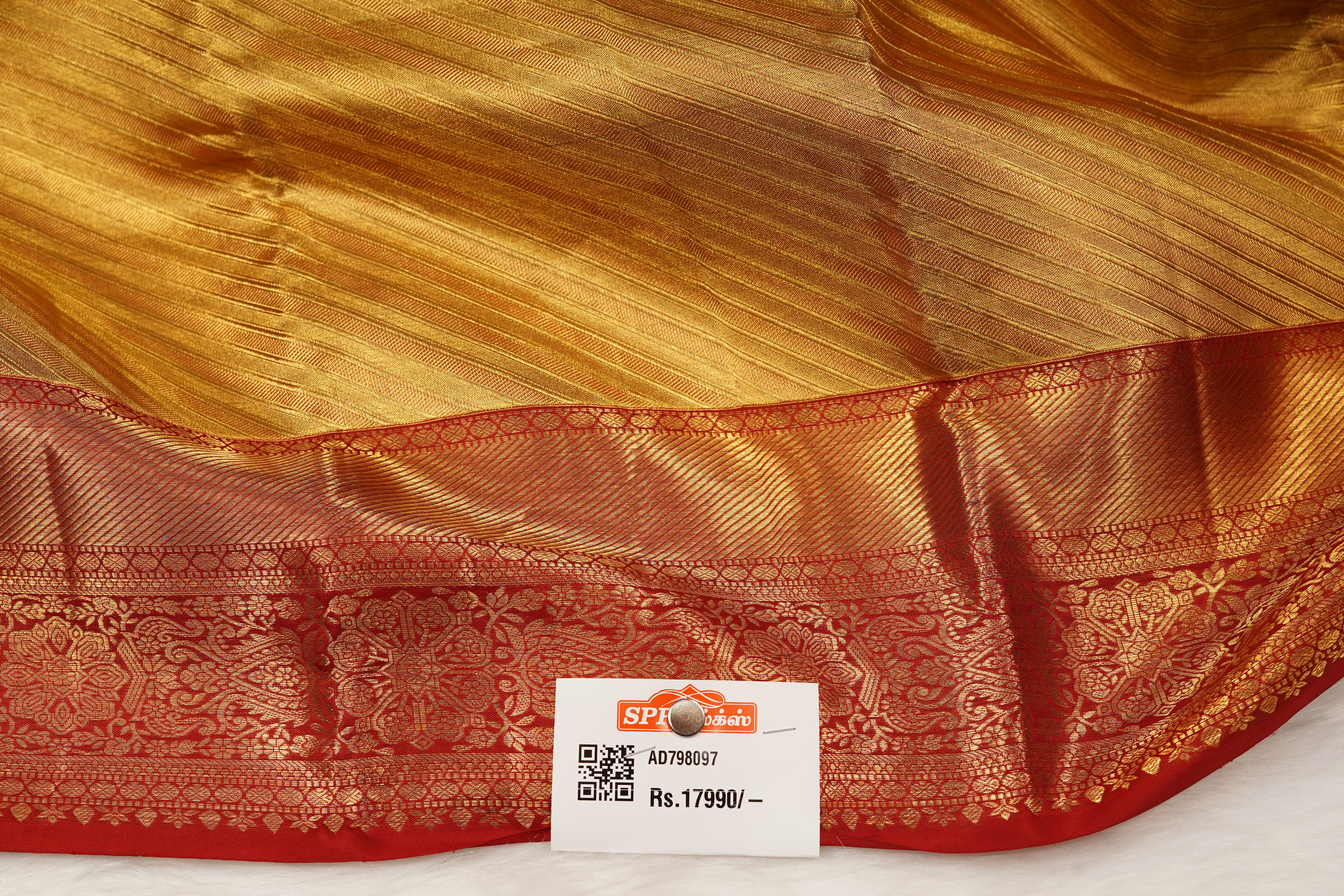 Gold & Red Pure Silk Saree with Diagonal Weave Body and Traditional Zari Border