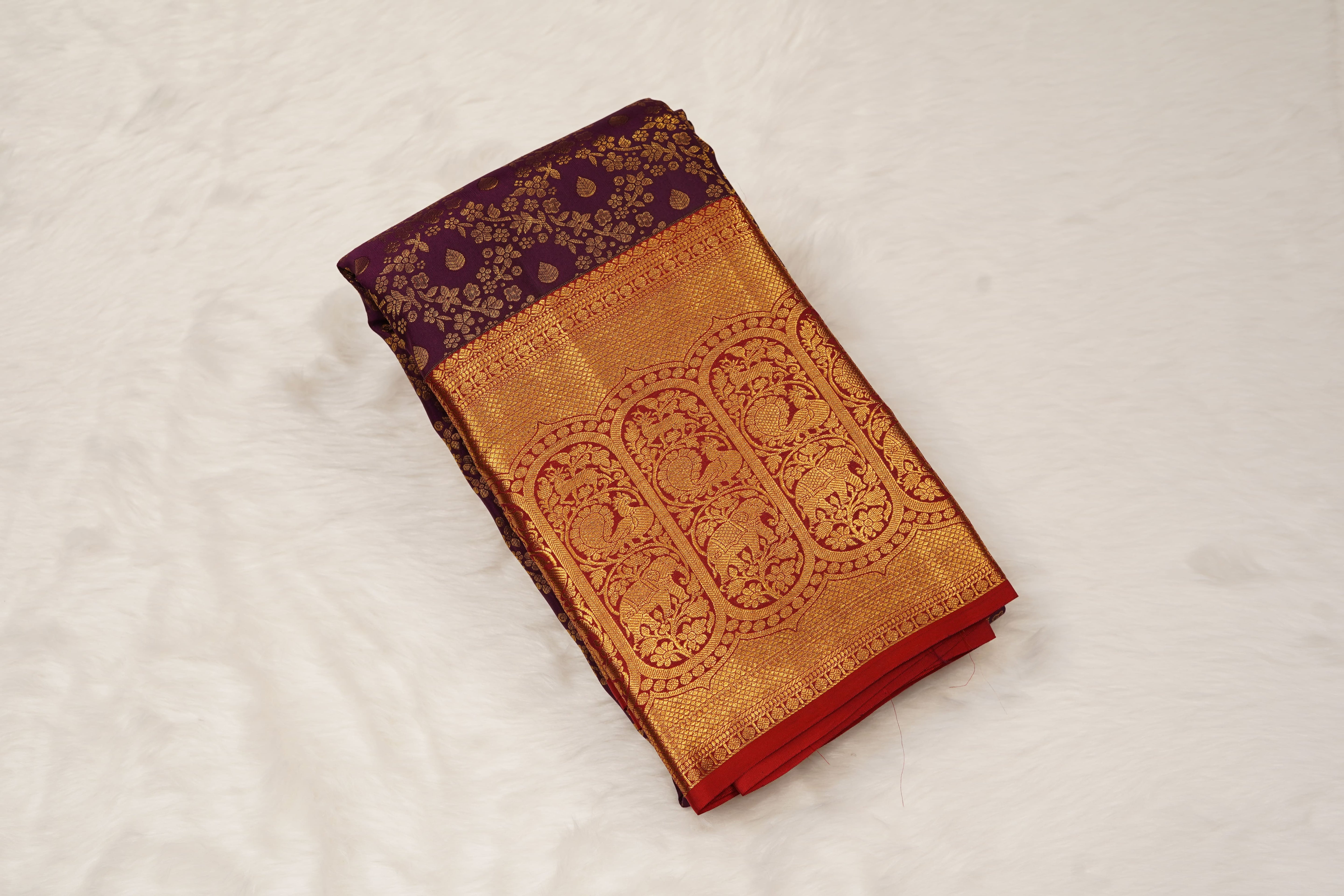 Purple & Red Pure Silk Saree with Gold Zari Floral Weave and Grand Traditional Border