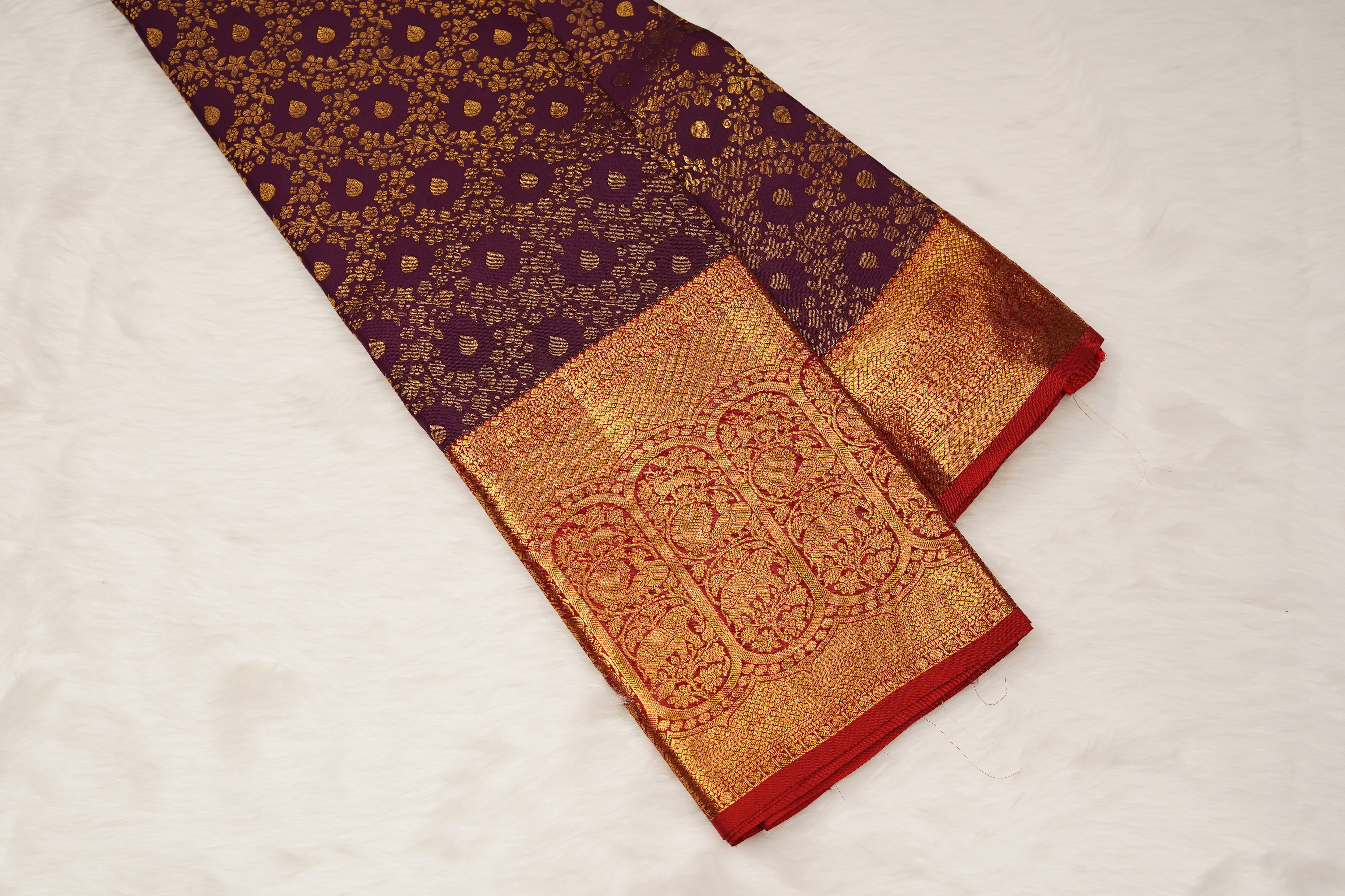 Purple & Red Pure Silk Saree with Gold Zari Floral Weave and Grand Traditional Border