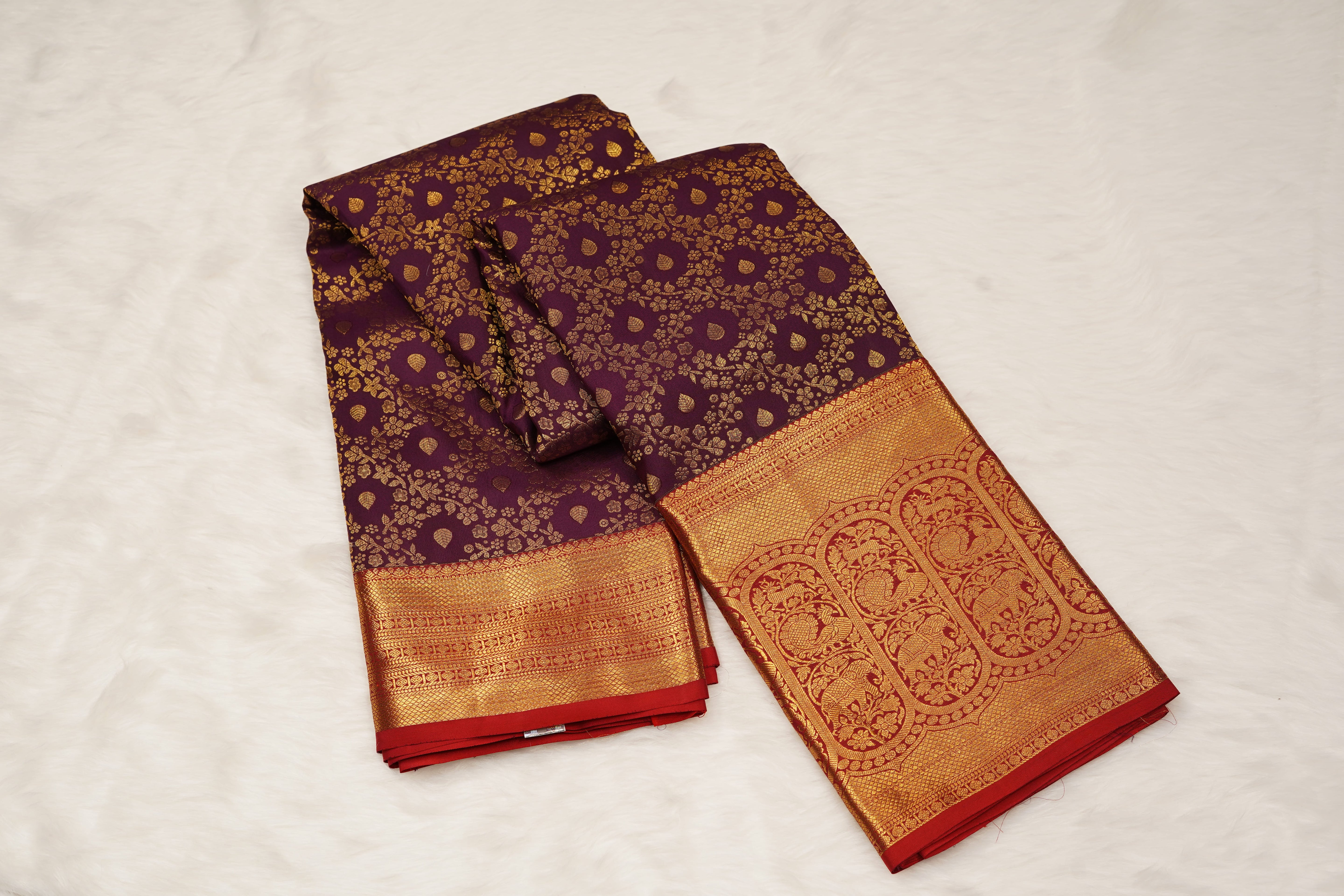 Purple & Red Pure Silk Saree with Gold Zari Floral Weave and Grand Traditional Border