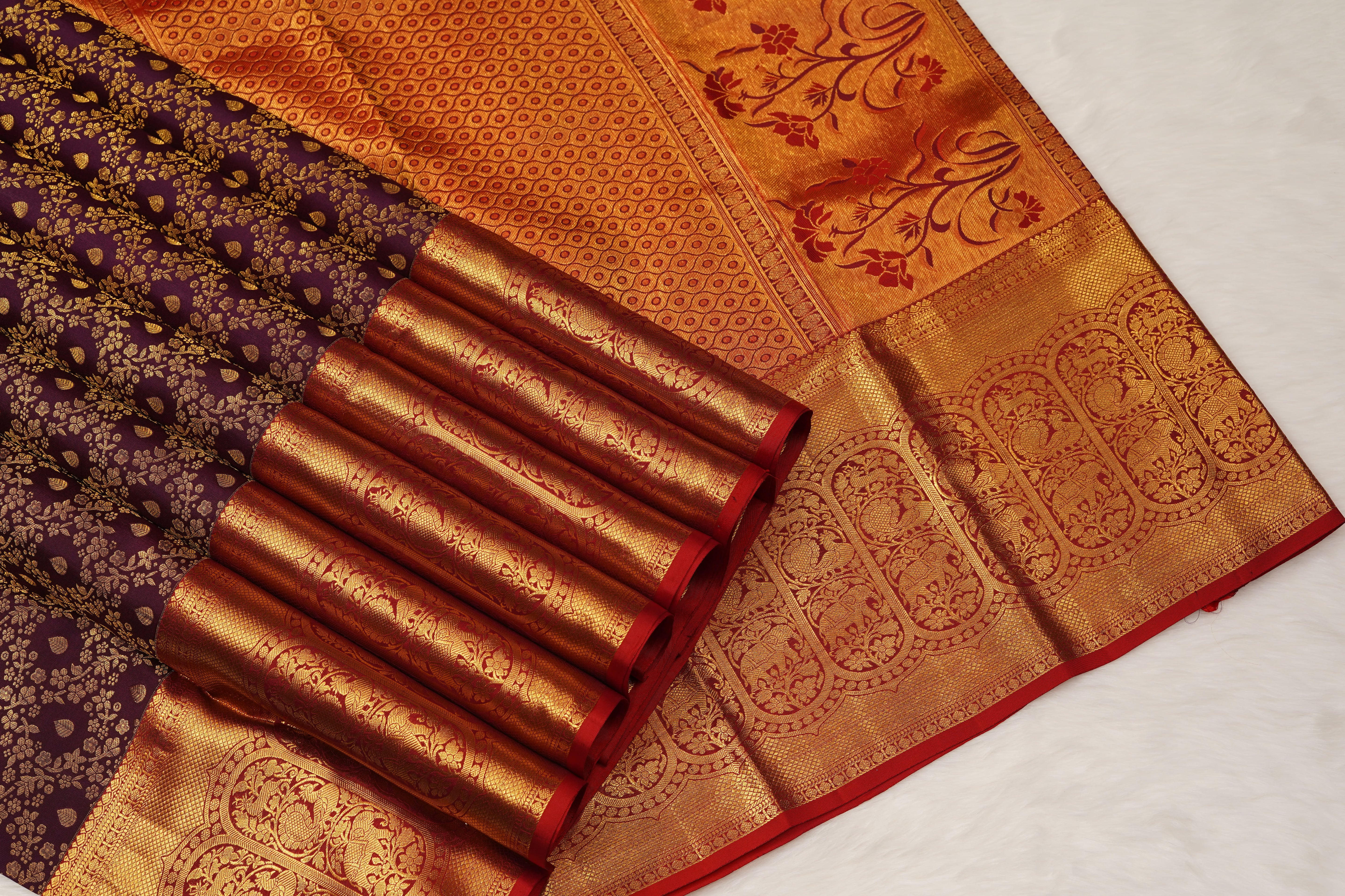 Purple & Red Pure Silk Saree with Gold Zari Floral Weave and Grand Traditional Border