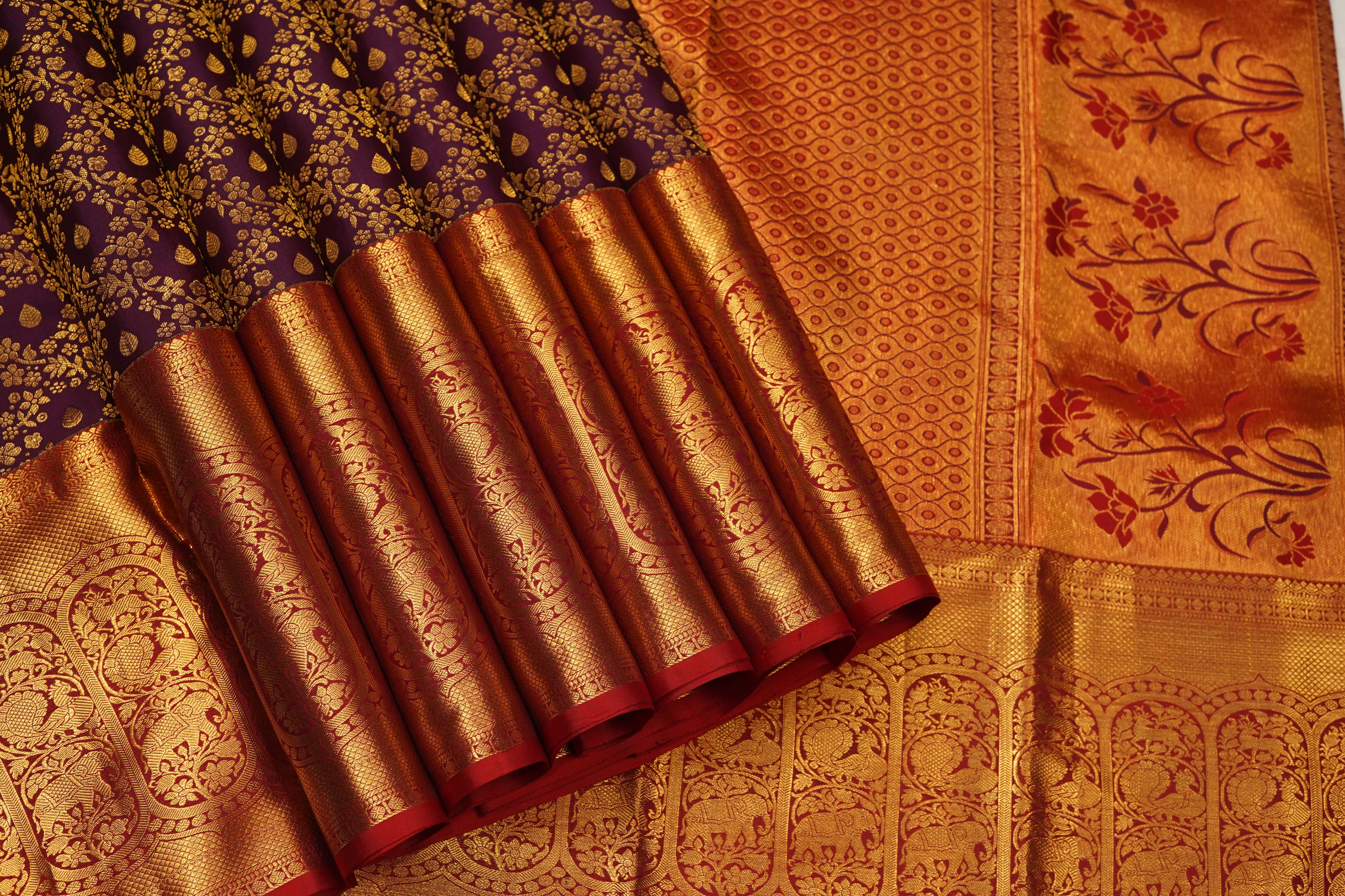 Purple & Red Pure Silk Saree with Gold Zari Floral Weave and Grand Traditional Border