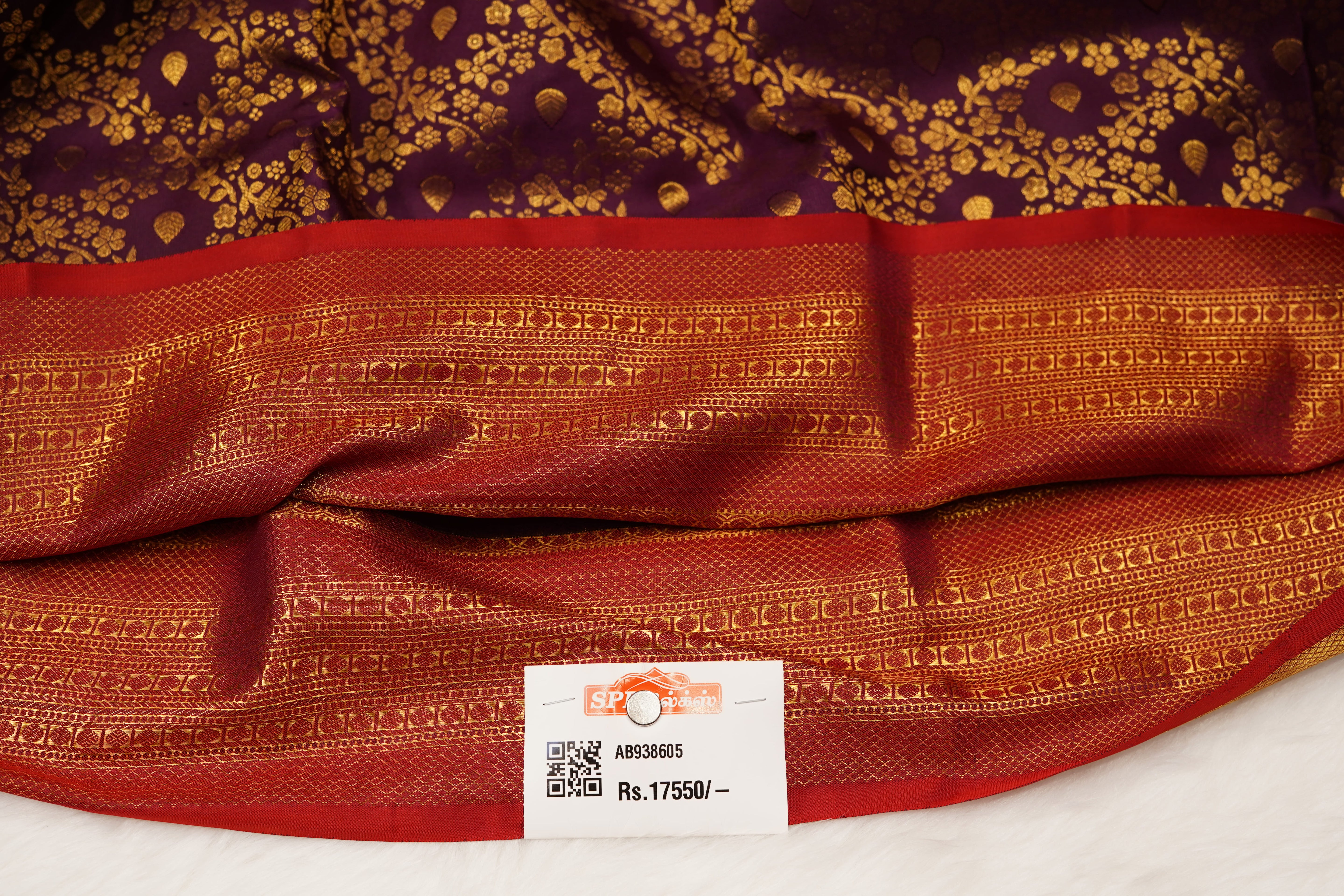 Purple & Red Pure Silk Saree with Gold Zari Floral Weave and Grand Traditional Border