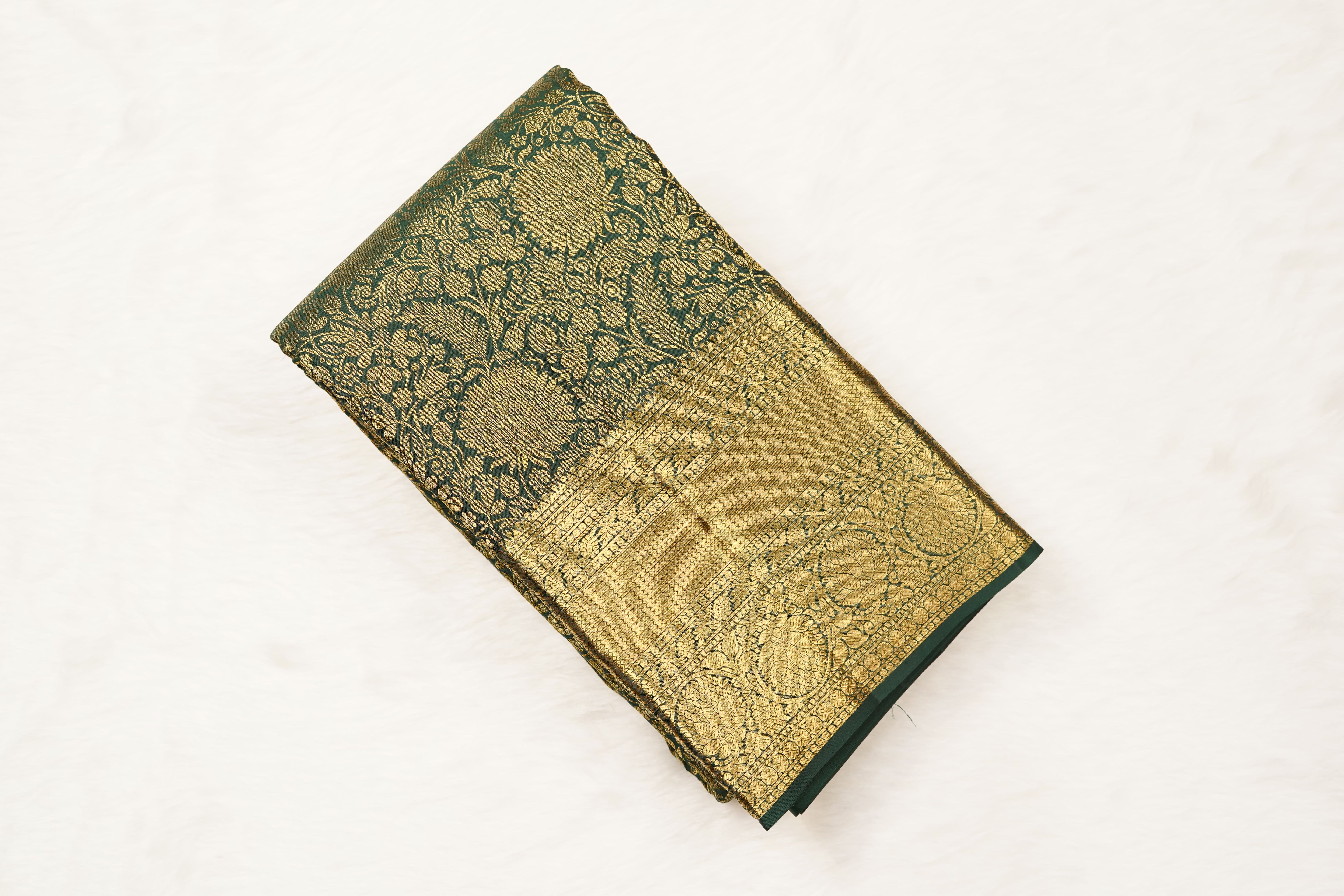 Emerald Green Pure Silk Saree with Rich Floral Jacquard Weave and Grand Gold Zari Border