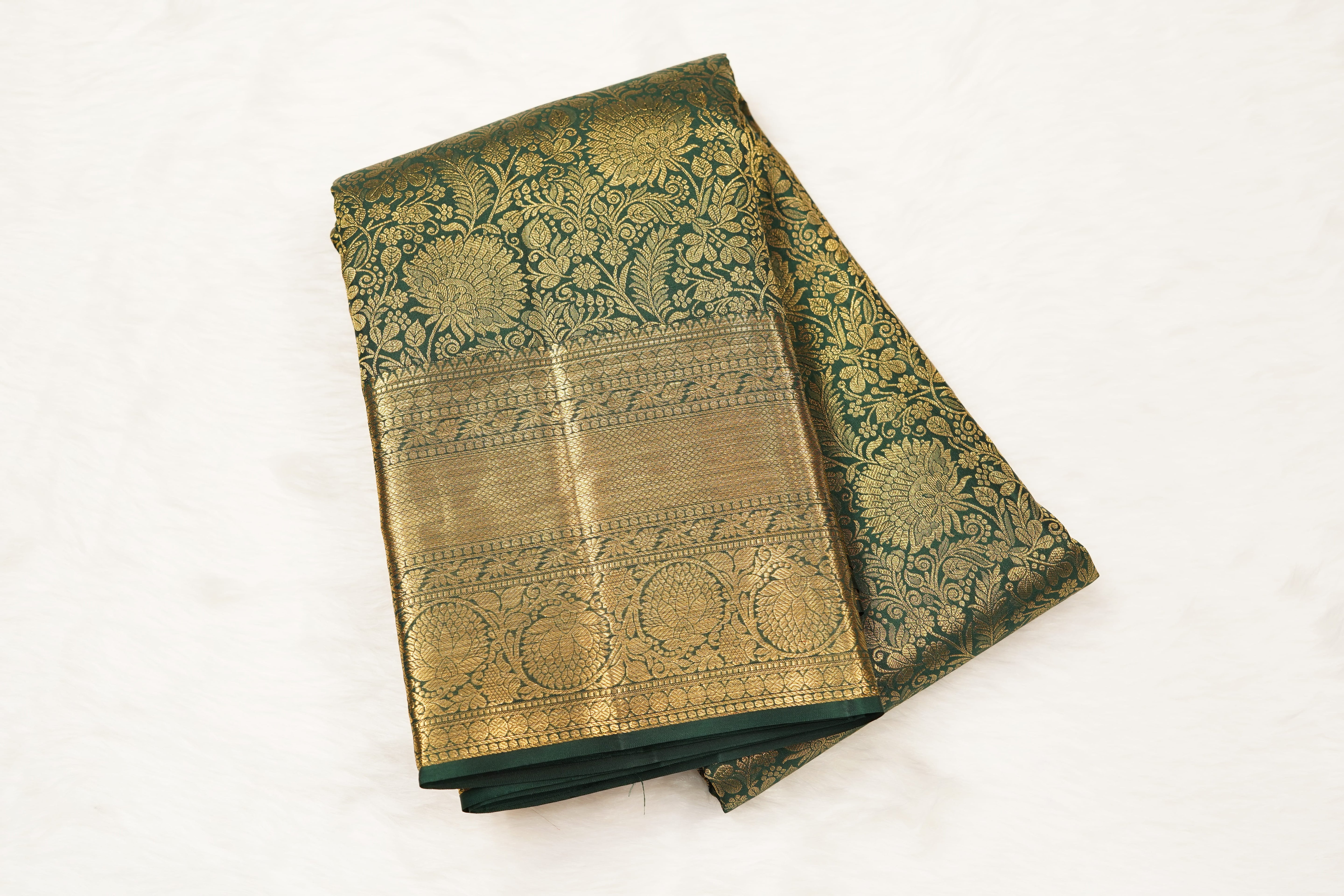 Emerald Green Pure Silk Saree with Rich Floral Jacquard Weave and Grand Gold Zari Border