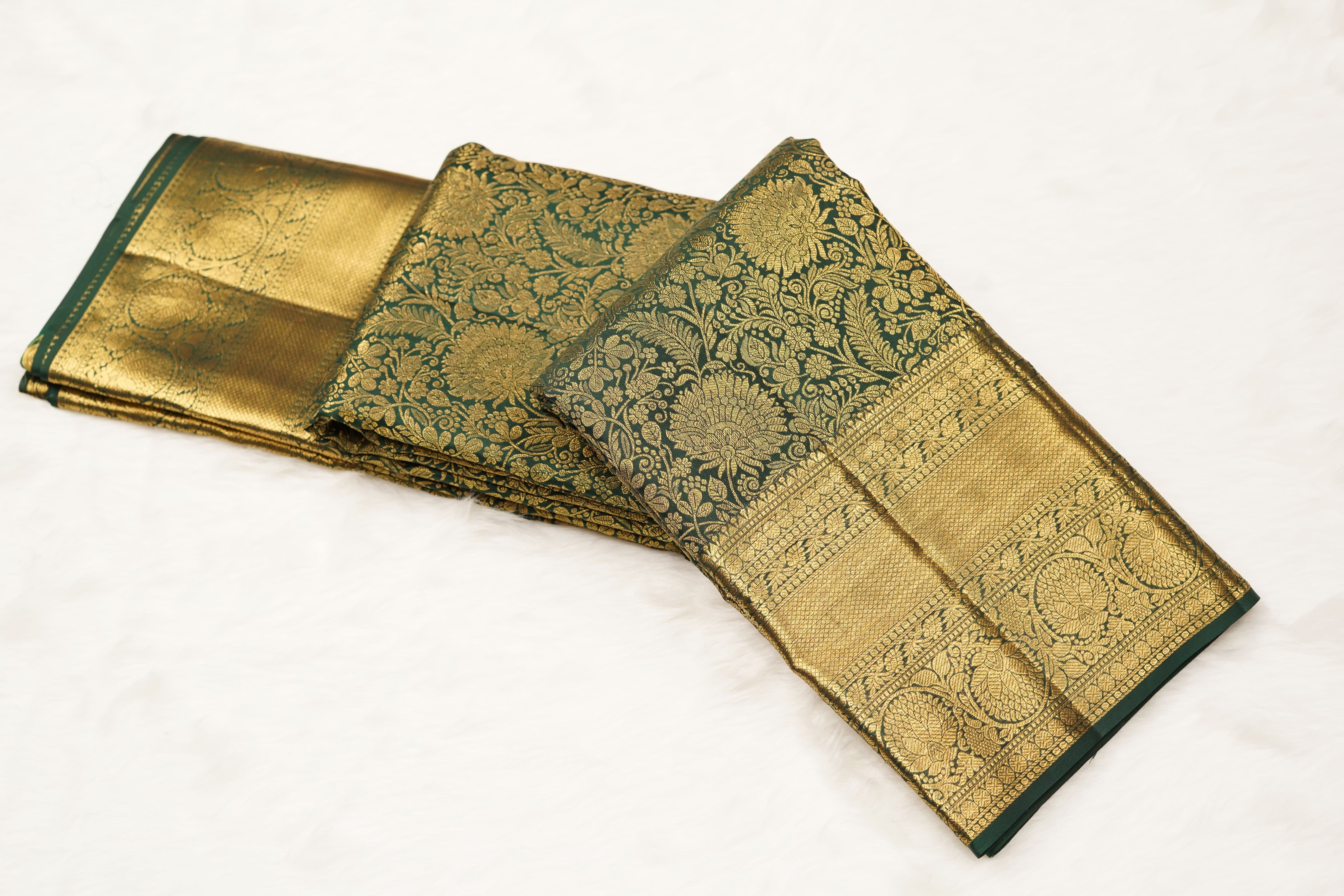 Emerald Green Pure Silk Saree with Rich Floral Jacquard Weave and Grand Gold Zari Border