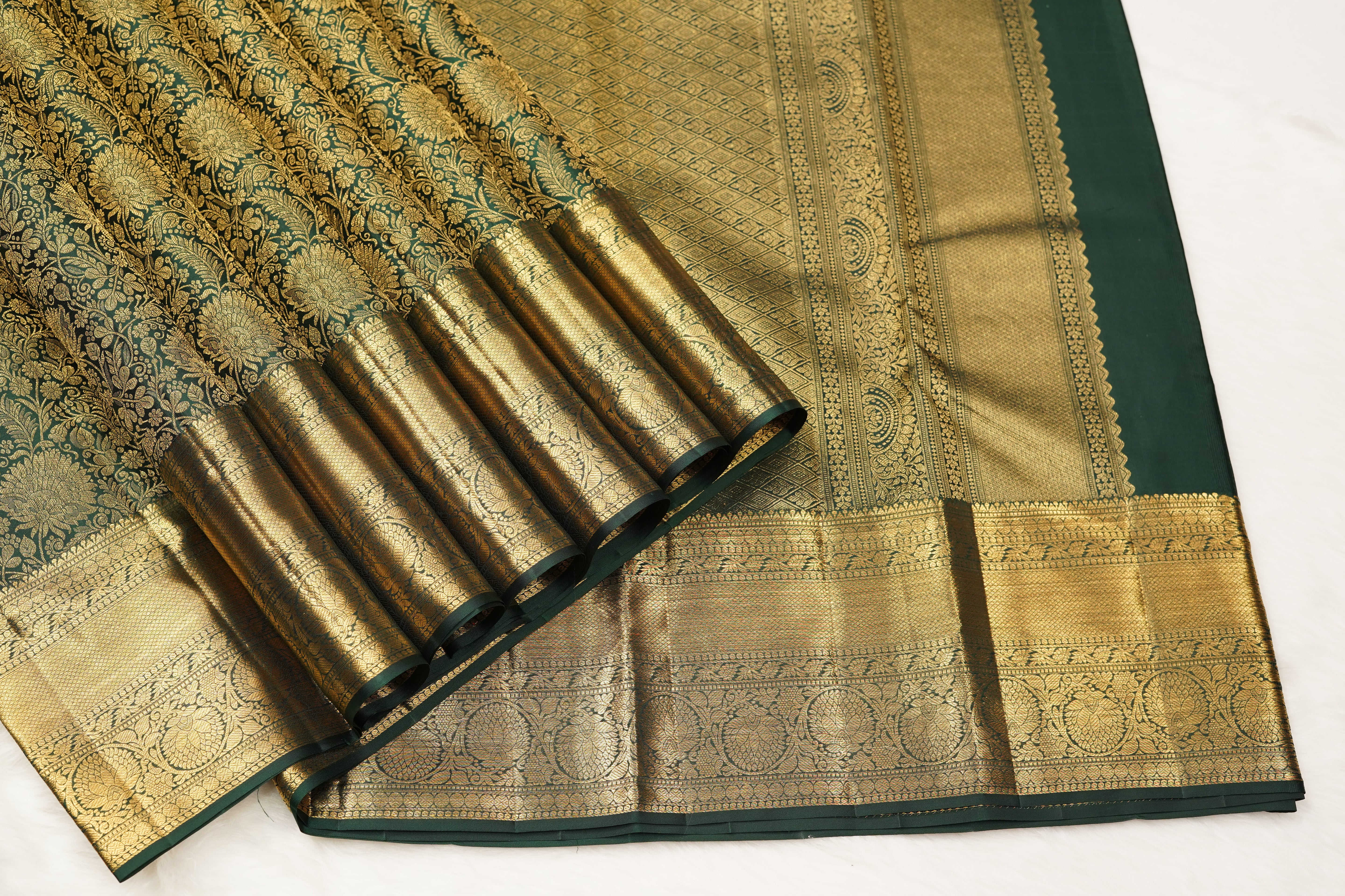 Emerald Green Pure Silk Saree with Rich Floral Jacquard Weave and Grand Gold Zari Border