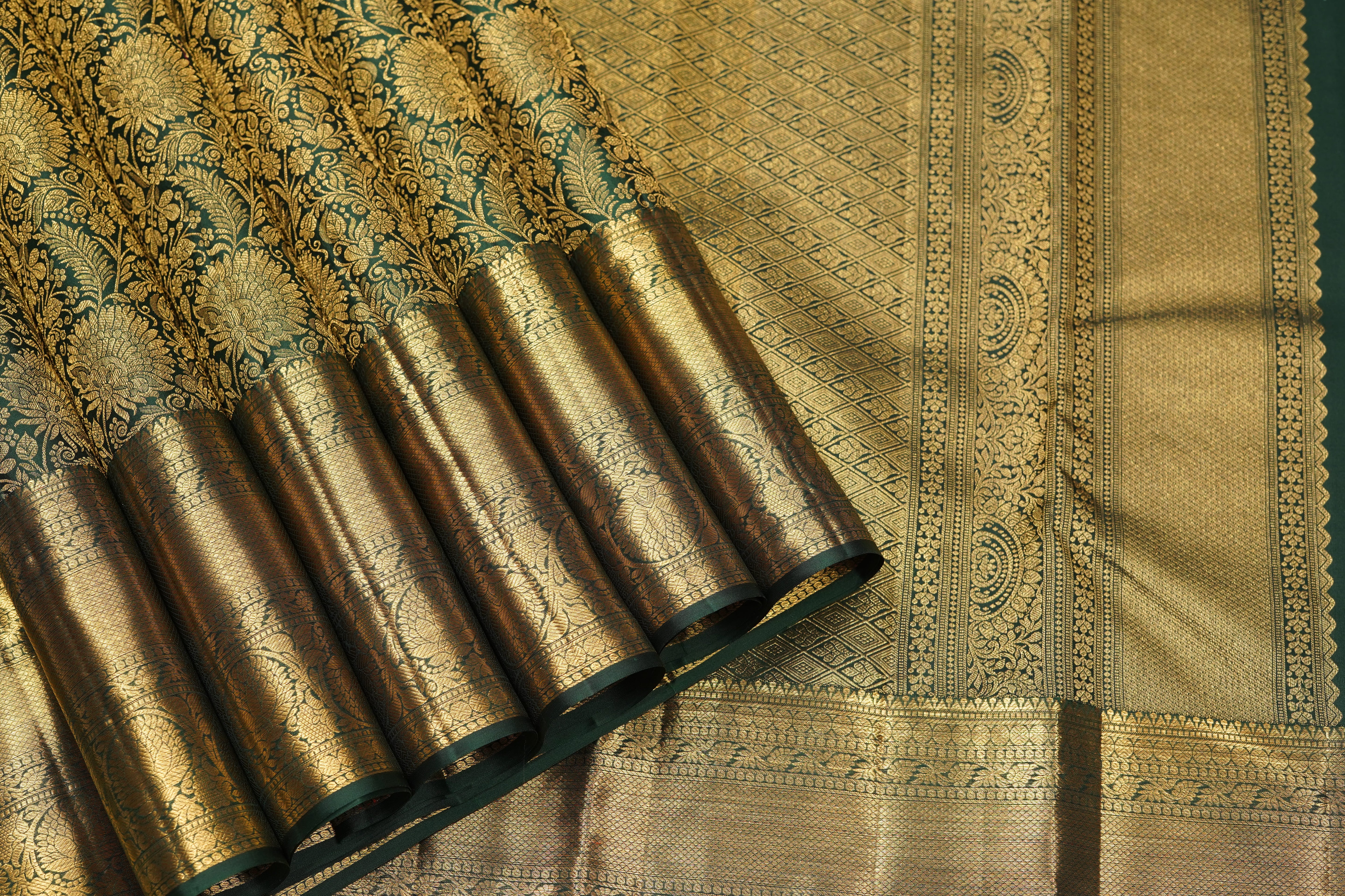 Emerald Green Pure Silk Saree with Rich Floral Jacquard Weave and Grand Gold Zari Border